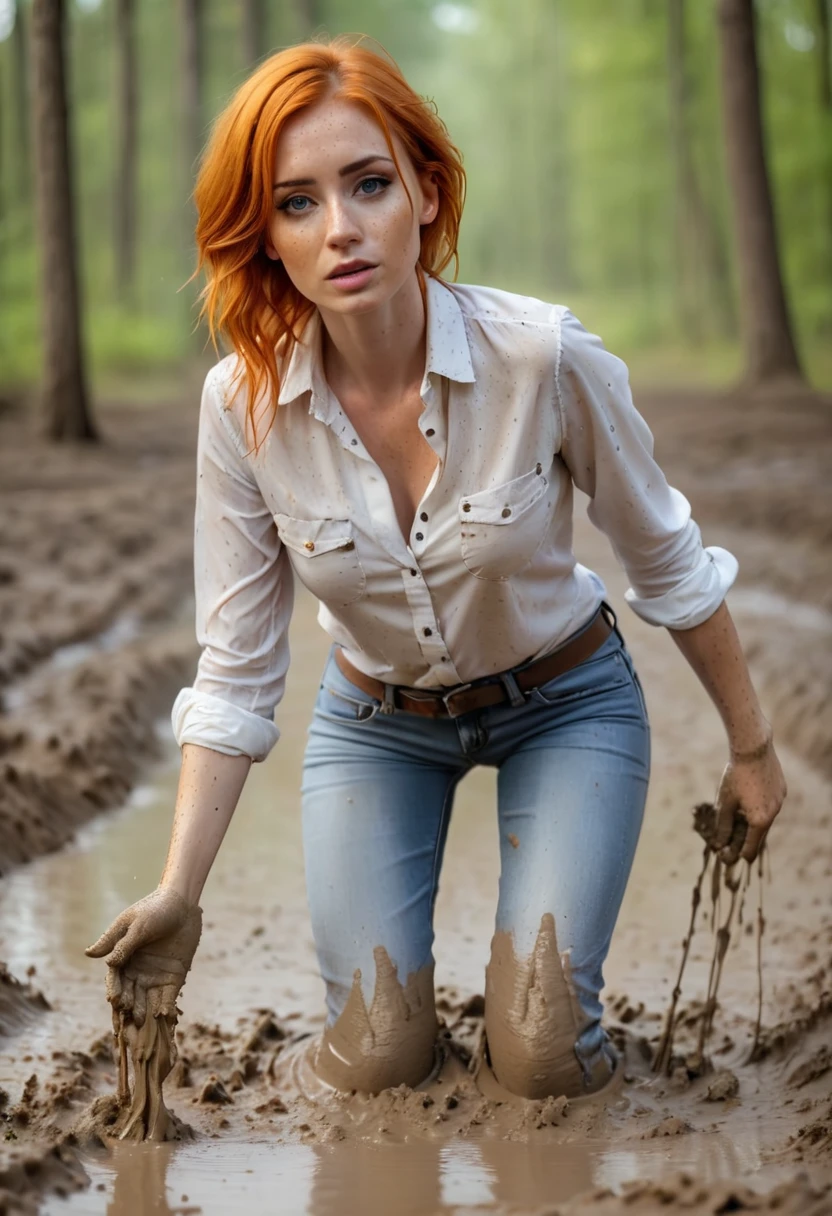 photograph of orange-haired hot woman in jeans and blouse, indulging in shameful fetish with desperation and ecstasy,standing+(sexy strip-teasing:1.0) in mud bath, full body, stoic cinematic 4k epic detailed 4k epic detailed photograph shot detailed bokeh cinematic, detailed face with freckles, natural skin texture, forest bog