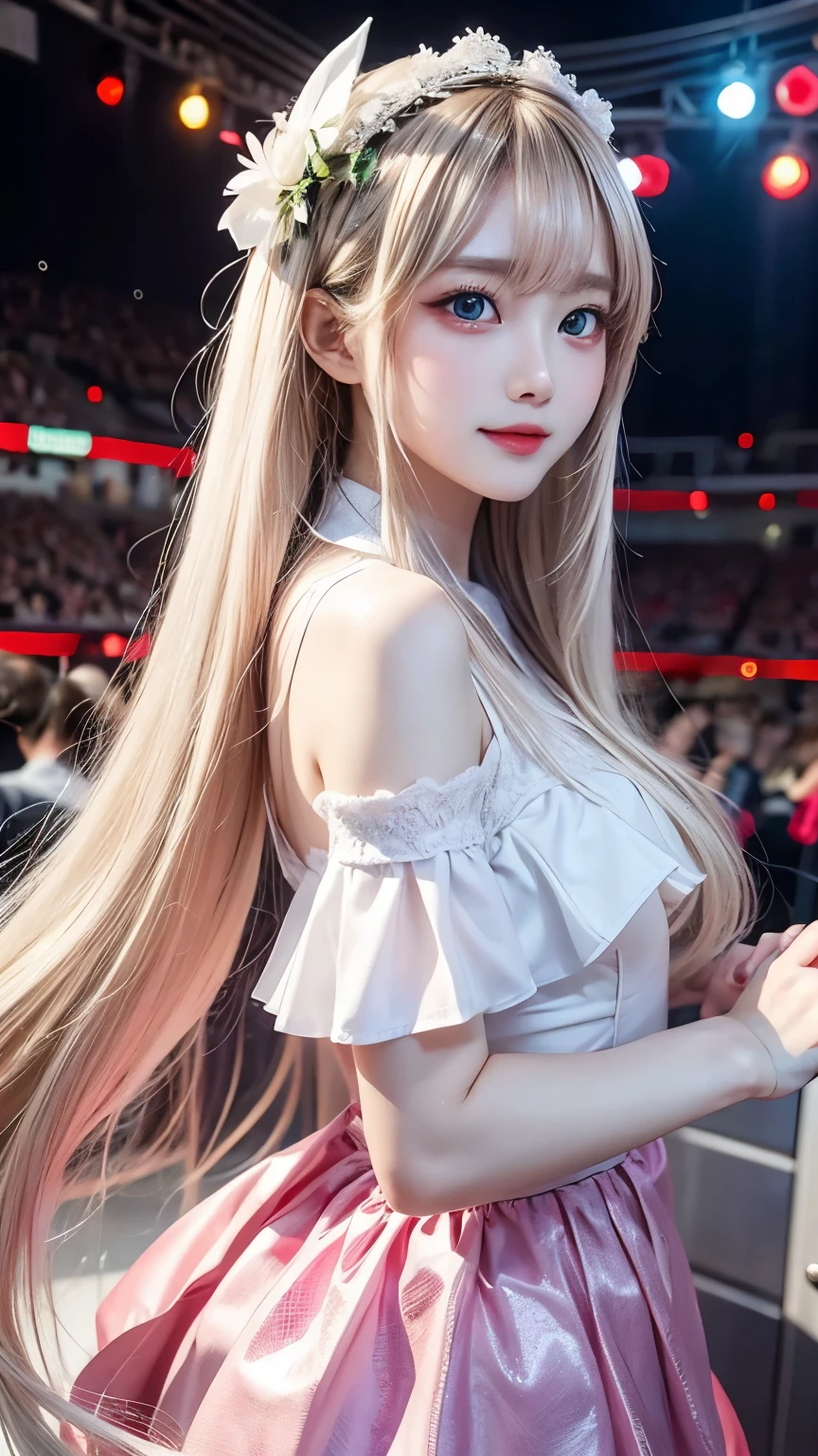 The highest beauty of splendor、Clear white glossy skin、Wind hair gets in the way in front of cute face、Sexy big 14year old cute beautiful girl、Sexy little beautiful face、Shiny light straight hair、Bangs dancing in front of cute beautiful face､Frilled idol costume long silky bangs covering pale white light blue eyes,,,,,,,,,、Super long hair with hair that hides a sexy face、Sexy cute young woman、Super Long Light Blonde Shiny Hair、Small face beauty、bright expression、Glossy skin、Face Gloss,

Realistic, Photorealistic, Masterpiece, Best Quality, One Girl, Solo, In the Stage, Stage Lighting, Stage Spotlight, Look At Audience, Smile, idol_singing_costume, (pureerosface_v1:0.8),Korean Idol,Nogizaka Idol,Actress,Gravure Idol,
