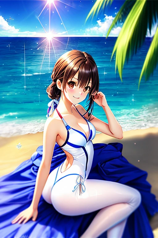 masterpiece, Highest quality, Excellent_Mikoto, Brown eyes, View your audience, alone, Small breasts, Excellent半身, (Swimwear), Beach, Outdoor, , smile, close_mouth, ((Crossing your legs)), ((Are standing)), Abusing Lens Flare, One-piece suit, Bodysuits, Shiny clothes, thick, One Girl, One Girl, white Swimwear, pantyhose, Butt pose, Butt pose, Back pose, Nice ass, latex