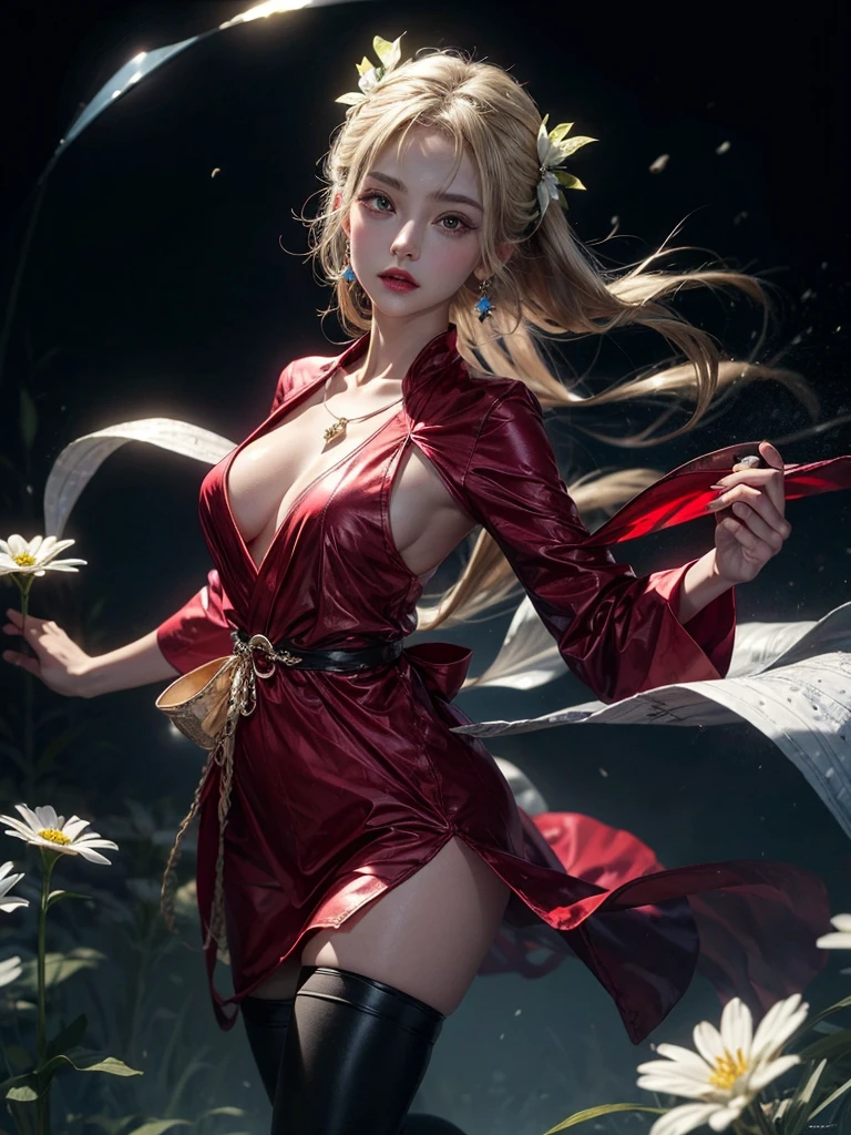 WLOP detailed beautiful face and eyes, rouge at the outer corner of the eye, lipstick, 1 girl ,white hanfu,(((fullbody,looking at viewer))),(zettai_ryoiki),blonde wavy long hair precious hair ornament,glowing flowers creeping up neck, ear piercing with chain, e-cup chests,slender body,collarbone, close shot, oil painting,