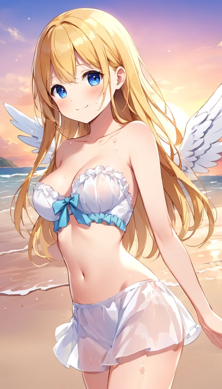 girl１people、 Long Hair, blue eyes, Blonde, dress, Exposing shoulders, clavicle, wing, white dress, Strapless, Hello, Strapless dress, Angel wing, white wing, Angel, Outdoor、A kind smile、blush、White Skirt、Micro Mini Skirt、Very short skirt、Show me your breasts、白いdress、Sandy Beach、sunset、Madder sky、beach、Seaside、((See-through))、((服がSee-through))、((See-through))、Sweat、Wet、びしょびしょにWet、