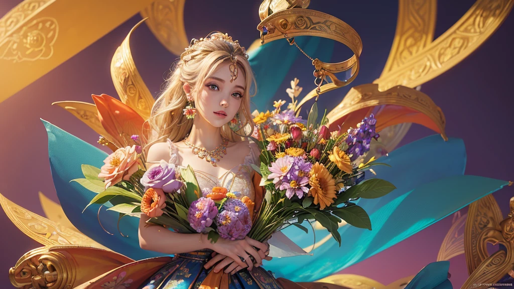 32K, 最高quality, 最高masterpiece, (ultra-Detailed Background, Detailed Background), High resolution, Super detailed, Very detailedな, One girl, (bouquet:1.3), (Tangled:1.2), (Geometric:1.2),(colorful),(masterpiece, quality, best quality, Official Art, Beautiful and beautiful:1.2), (1 girl:1.3), Very detailed,(colorful:1.1)(Flowers:1.3),Most detailed,(Tangled:1.2), whole body, (Abstract background:1.3), (Skin glows), (Many colors:1.4), ,(Earrings Jewelry:1.5), Pale Orange Background,