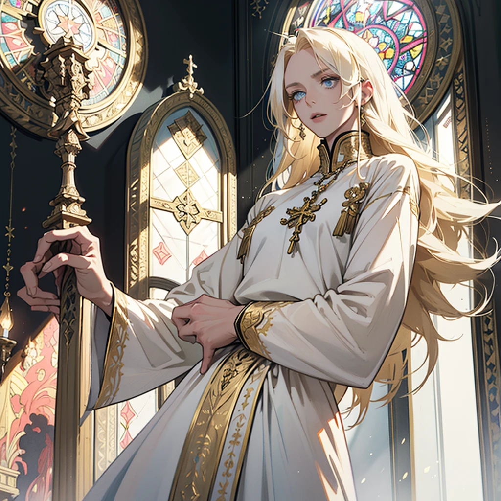 (A luxurious white vestment with intricately detailed gold embroidery)Incorruptible and white,Pure and pitiful, offer a prayer, rosary, Stained glass praising, Beautiful woman, extremely long hair, blonde hair, green eyes, 32, (masterpiece:1.3), (best quality:1.3), high-resolution, watercolor pencil, Head-on angle, upper body, Body facing forward, (upright:1.3), (arms at sides:1.3), solo, blue eyes, beautiful detailed eyes, (white background:1.2), simple background, concept art, shadow lighting, beautiful detailed glow, best illuminate,(((best quality, textile shading, ultra detailed))),extremely detailed CG unity 8k wallpaper,Highly Detailed beautiful and aesthetic, best light, high resolution, detailed, dynamic lighting, 1Character, pastel washed out colors, cell shade, soft, muted shades, gentle colors,