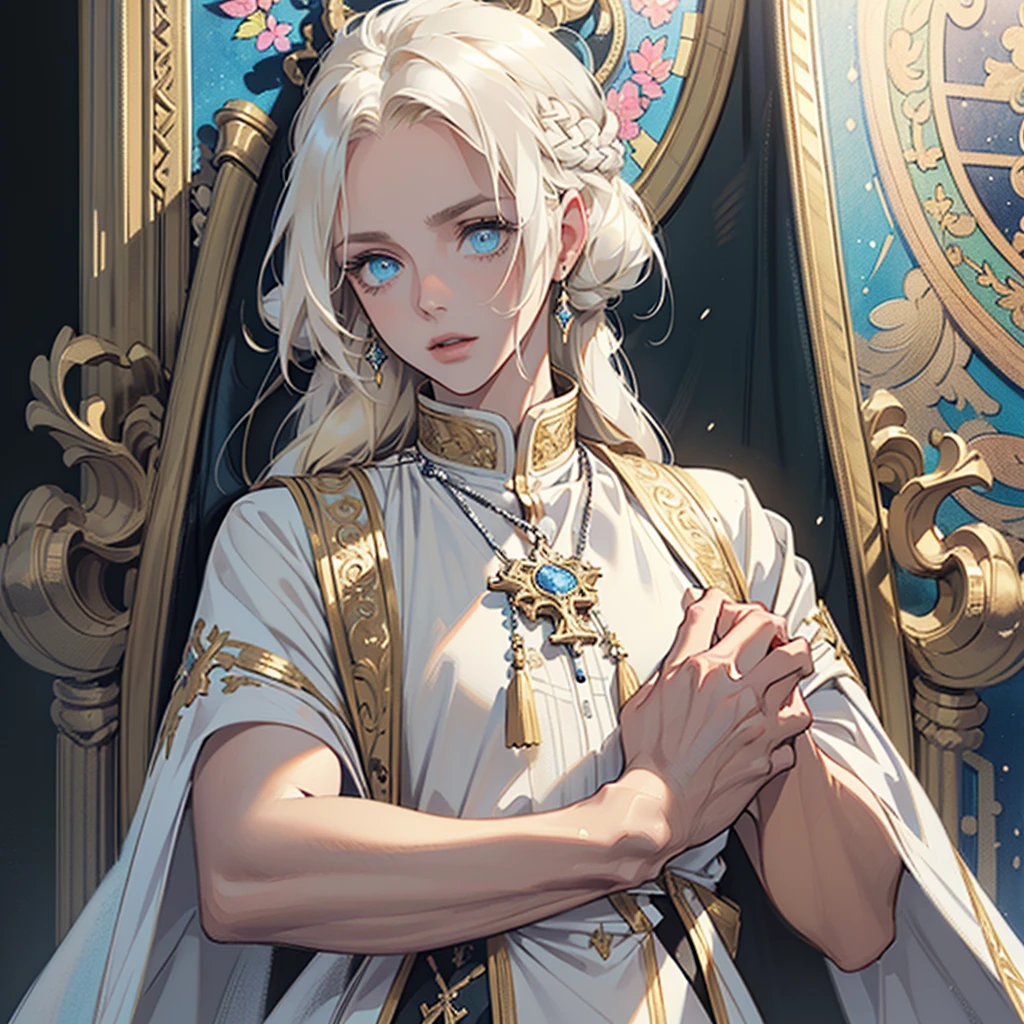 (A luxurious white vestment with intricately detailed gold embroidery)Incorruptible and white,Pure and pitiful, offer a prayer, rosary, Stained glass praising, Beautiful woman, extremely long hair, blonde hair, green eyes, 32, (masterpiece:1.3), (best quality:1.3), high-resolution, watercolor pencil, Head-on angle, upper body, Body facing forward, (upright:1.3), (arms at sides:1.3), solo, blue eyes, beautiful detailed eyes, (white background:1.2), simple background, concept art, shadow lighting, beautiful detailed glow, best illuminate,(((best quality, textile shading, ultra detailed))),extremely detailed CG unity 8k wallpaper,Highly Detailed beautiful and aesthetic, best light, high resolution, detailed, dynamic lighting, 1Character, pastel washed out colors, cell shade, soft, muted shades, gentle colors,