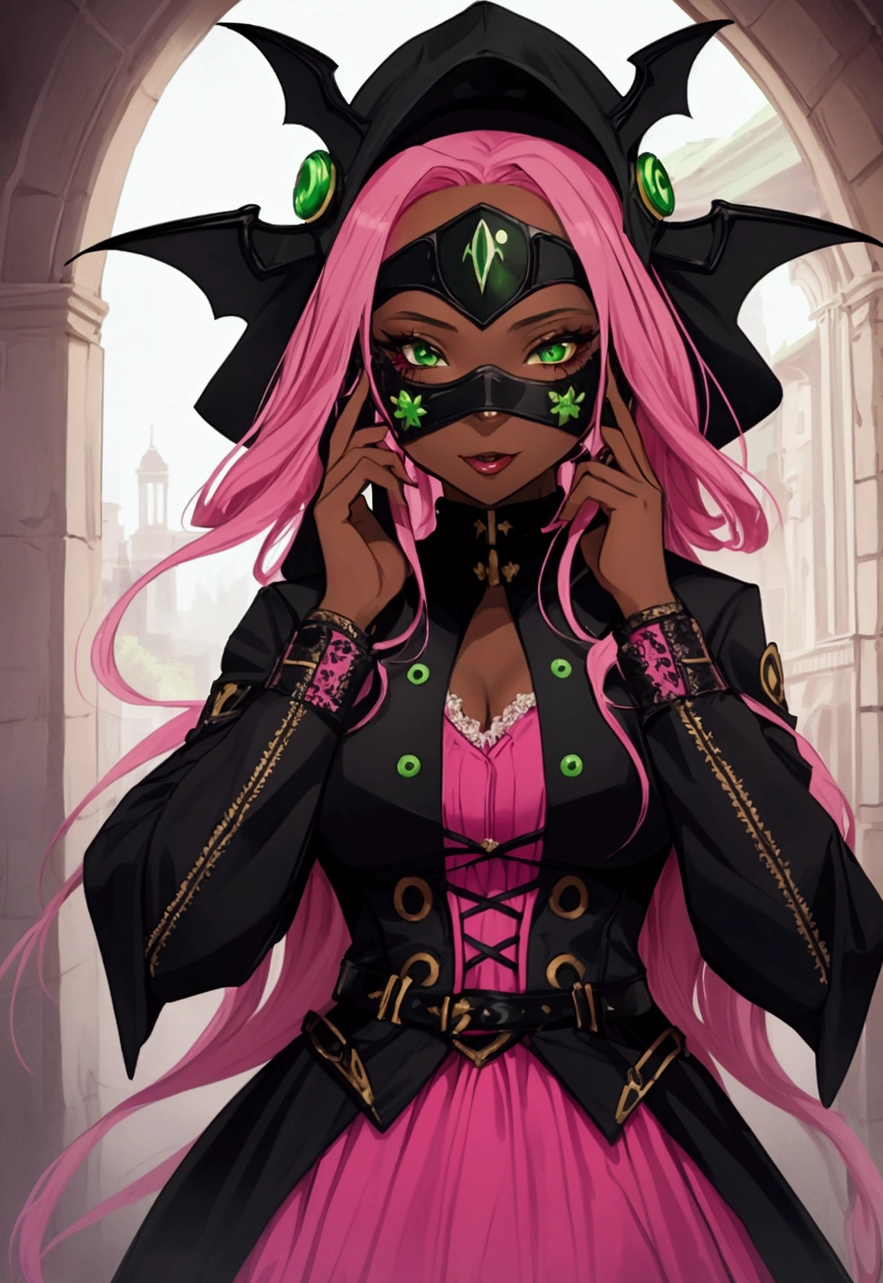 ((Artwork, high quality)), (20-year-old girl), (black skin), (green eyes), (pink hair), (wearing a vampire costume), (wearing an eye mask that matches the costume).






