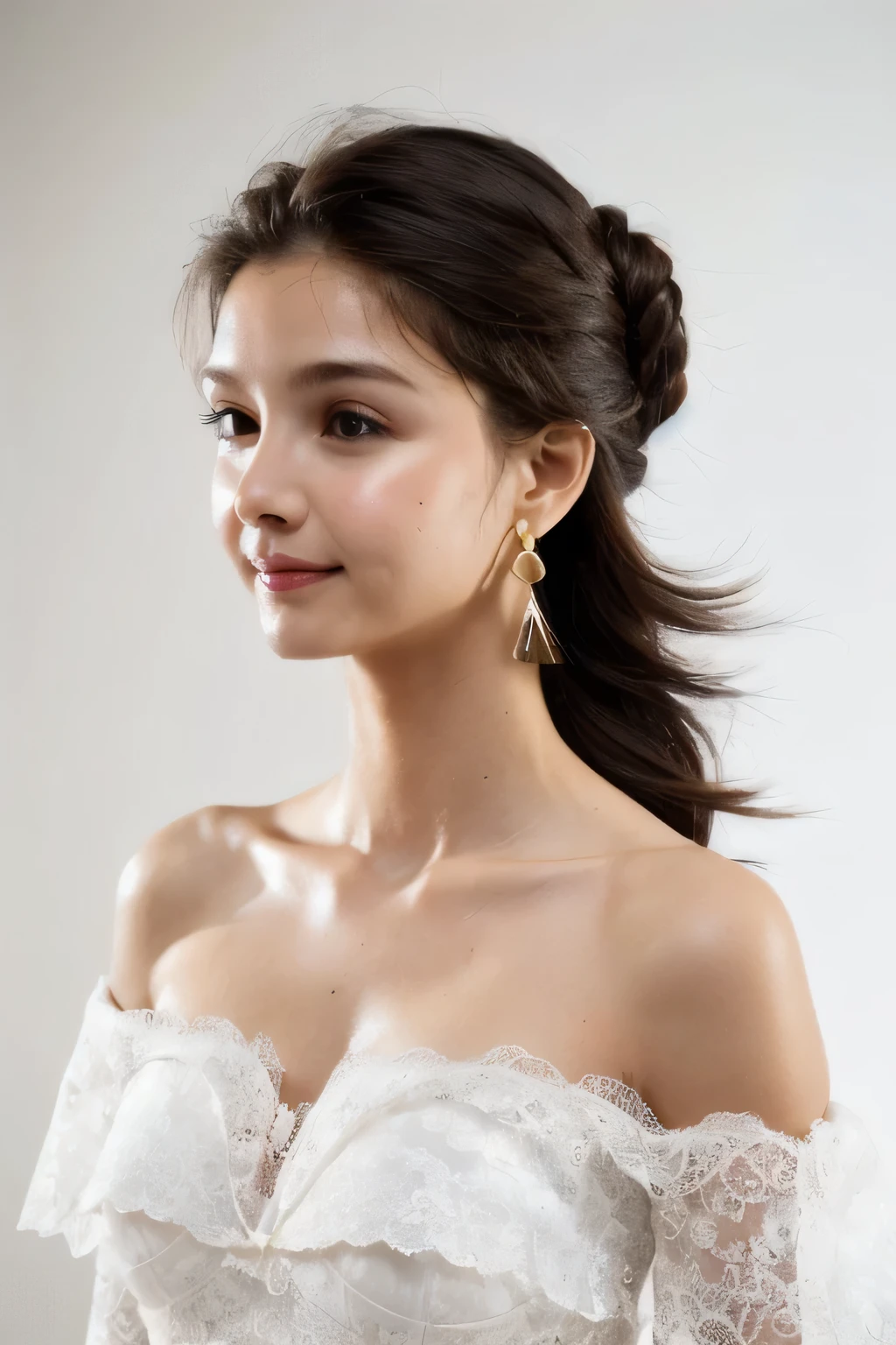 ((Highest quality, 8k, masterpiece: 1.3)), sharp: 1.2, Perfect Body Beauty: 1.6, ((Layered Hairstyles, Big Breasts: 2.0)), (white and long legs: 2.0), (white lace dress: 2.0, Off-the-shoulder dress: 2.0, A dress that exposes the upper half of the chest: 2.0), (Bold cleavage: 2.0), ((Sideboob)), ((long hair: 2.0)), ((necklace)), Earrings, ring, Bracelet, Hair Accessories, ((Beautiful young teenager woman)), ((Straight nose)), (Eyeliner), Armpit Hair, Bristles, ((White and beautiful skin)), Wavy Hair, Beautiful attention to detail, Super detailed, Highly detailed face and skin texture, fine grain, double eyelid, Black Hair, Big Ass, Lower Body, Thighs, (((Skinny))), Wet and shiny lips, smile, Get a grip on your body, ((Anatomically correct human body)), ((Crisp body shape)), Ribs, clavicle, Protruding skeleton, A face without nasolabial folds, Shyness, Thin eyebrows, Big eyes, (shoot from side: 1.0), (Narrow shoulders: 2.0), (Smile: 1.0)