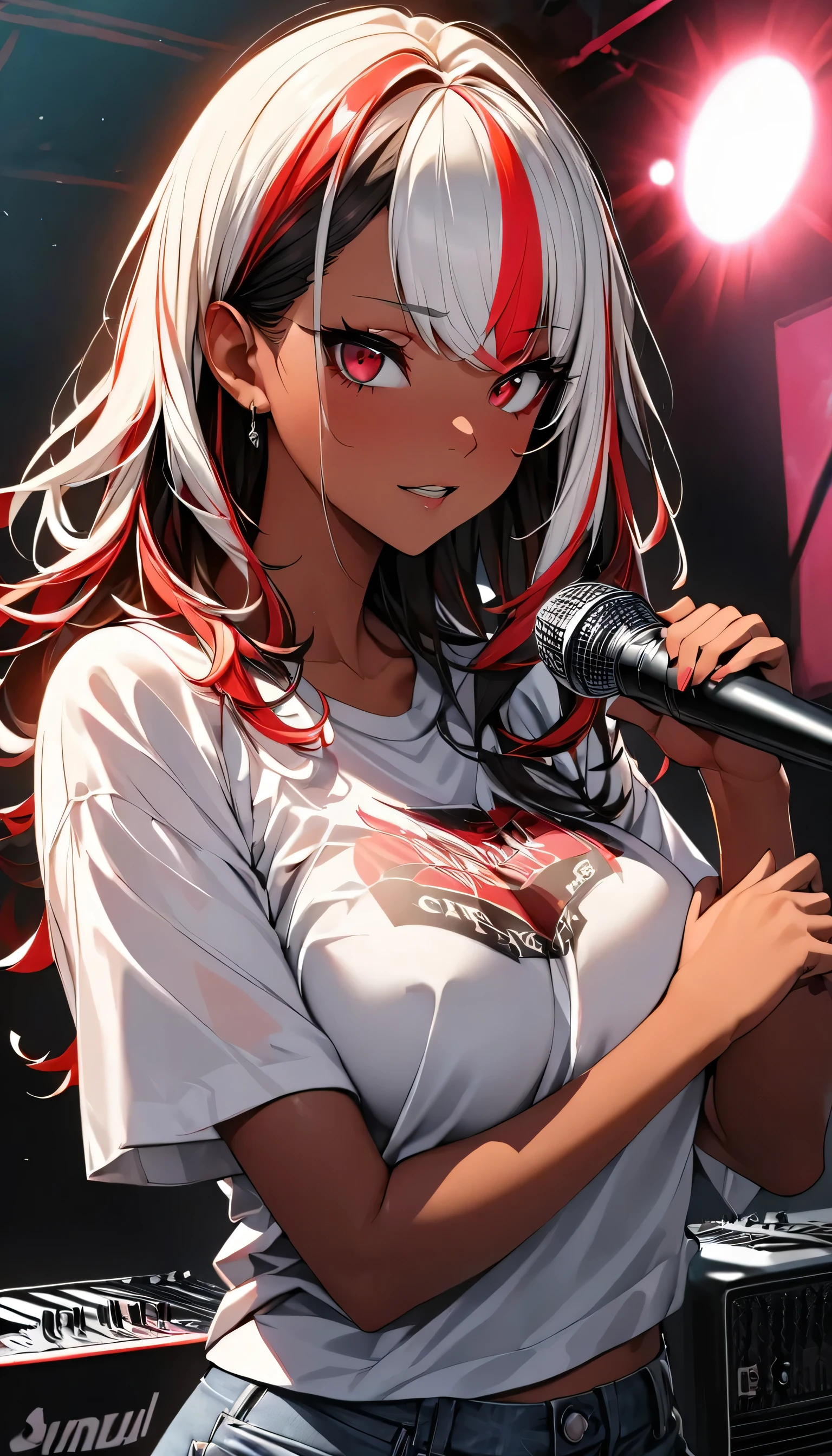 (highest quality:1.2, Very detailed, up to date, Vibrant, Ultra-high resolution, High Contrast, masterpiece:1.2, highest quality, Best aesthetics), Portraiture、girl、singer、Bright colors、Beautiful fine details、Beautiful lip detail、midium wave hair、red and white ((streaked hair:1.6)), highlights hair: 1.5, red eyes, slim body, middium breast, (tan skin:1.1), t-shirts and old jeans、loose fit, amplifier、Loud music、shouting into the microphone, vocal, (right hand holding mike stand:1), (Floral Fineline tattoo design on left arm:1), ((mike stand)), Powerful vocals、Rock star aura、music studio room