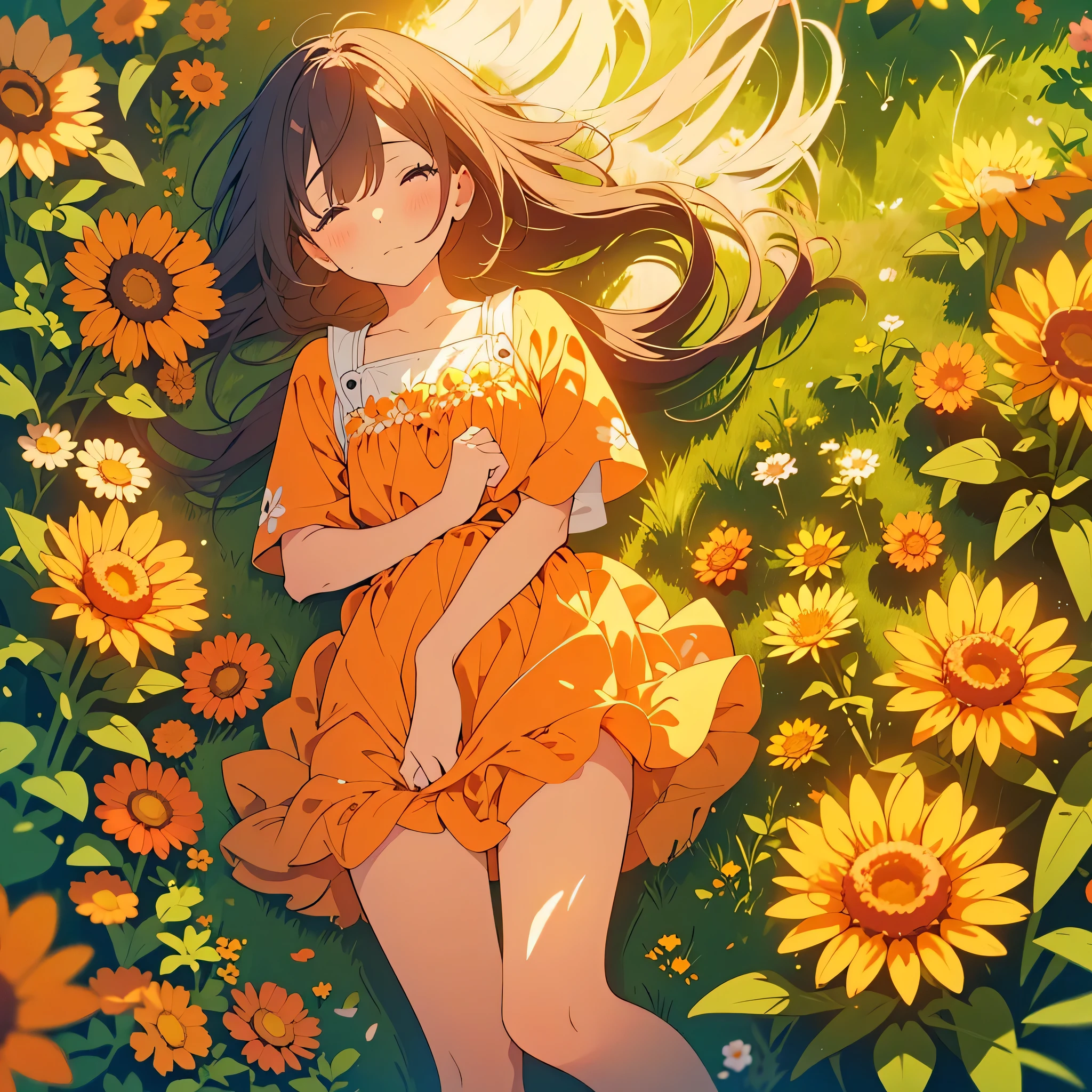 Spreading hair、Light pink、girl long hair、Grassland in the background、Straight Hair