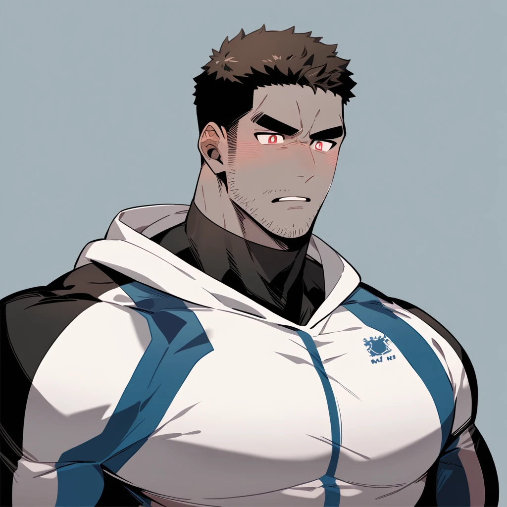 anime characters：Chris Redfield, Dark Grey Skin Muscle Sports Student, Buzz Cut, Manliness, male focus, Sports tight hooded sweatshirt, Under Armour Brand, Wear a high-necked tights underneath, Very tight, Huge pectoral muscles, muscular male, muscular, only, Upper body, alone, Red short hair, Thick eyebrows, stubble, Brown-red pupils, White background, Solid color background, Clean background, simple background, amazing quality, best aesthetics, Ridiculous, crew cut, bright pupils, embarrassed, frown, parted lips, endured face, negative space, negative space, best quality