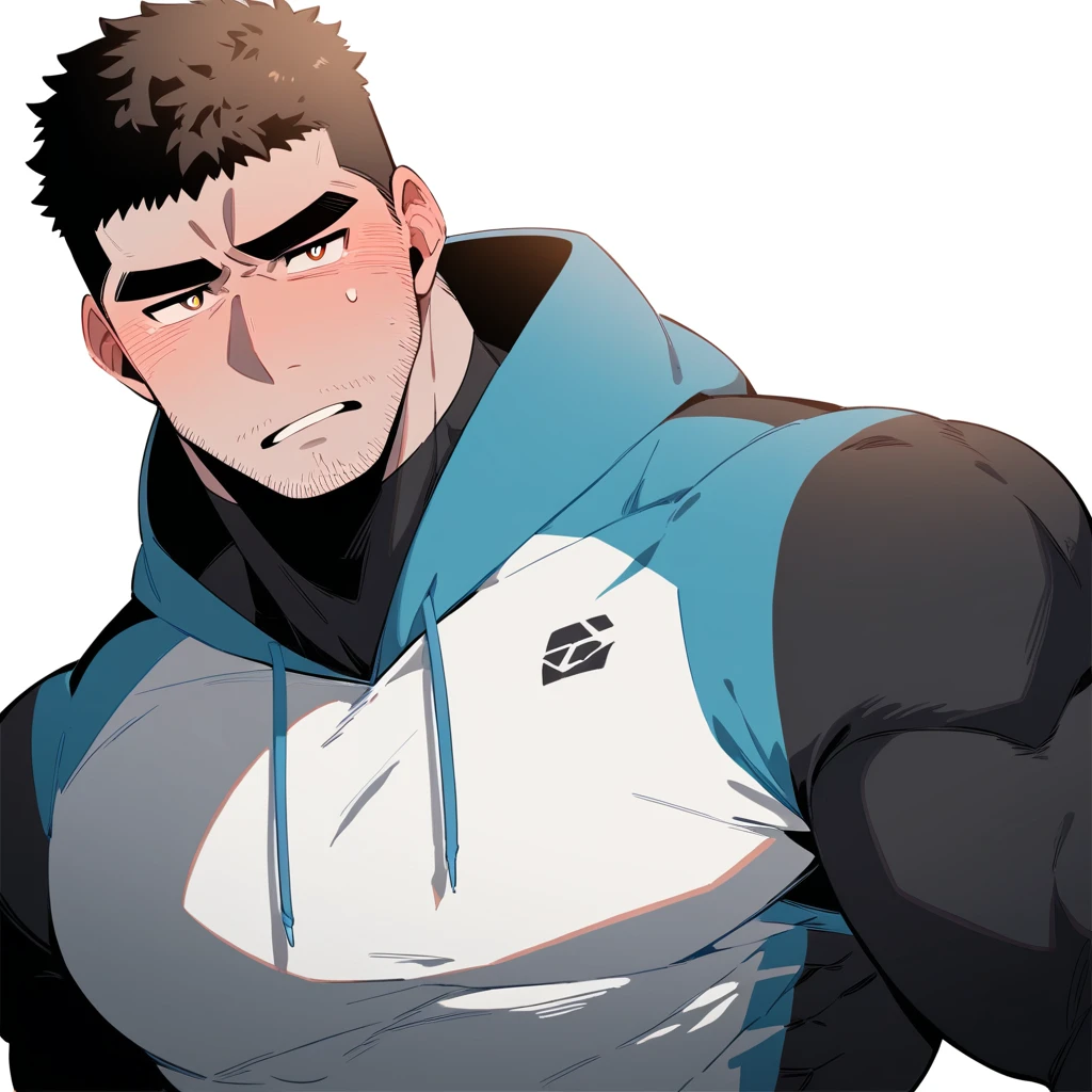 anime characters:Chris Redfield, Dark Grey Skin Muscle Sports Student, Buzz Cut, Manliness, male focus, Sports tight hooded sweatshirt, Under Armour Brand, Wear a high-necked tights underneath, Very tight, Huge pectoral muscles, muscular male, muscular, only, Upper body, alone, Red short hair, Thick eyebrows, stubble, Brown-red pupils, White background, Solid color background, Clean background, simple background, amazing quality, best aesthetics, Ridiculous, crew cut, bright pupils, embarrassed, frown, parted lips, endured face, negative space, negative space, best quality