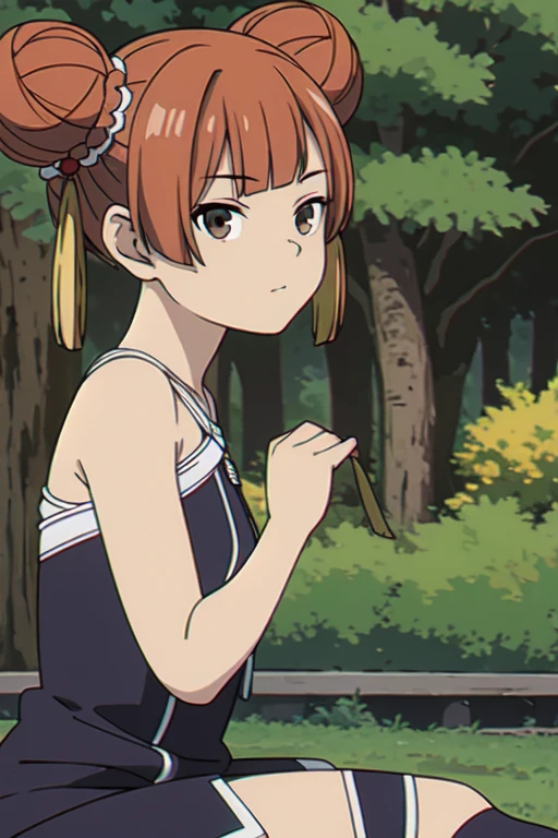 (((Best quality))),((Ultra-detailed)),((illustration)),((Disheveled hair)),((frilld)),(1 girl),(Solo), 1girl, against tree, bangs, bare shoulders, breasts, brown eyes, brown hair, bush, closed mouth, dappled sunlight, double bun, dress, foliage, forest, grass, hair ornament, in tree, looking at viewer, medium breasts, nature, outdoors, park, short hair, sitting, sleeveless, sleeveless shirt, solo, **** top, toeless legwear, tree, twintails, under tree, from side