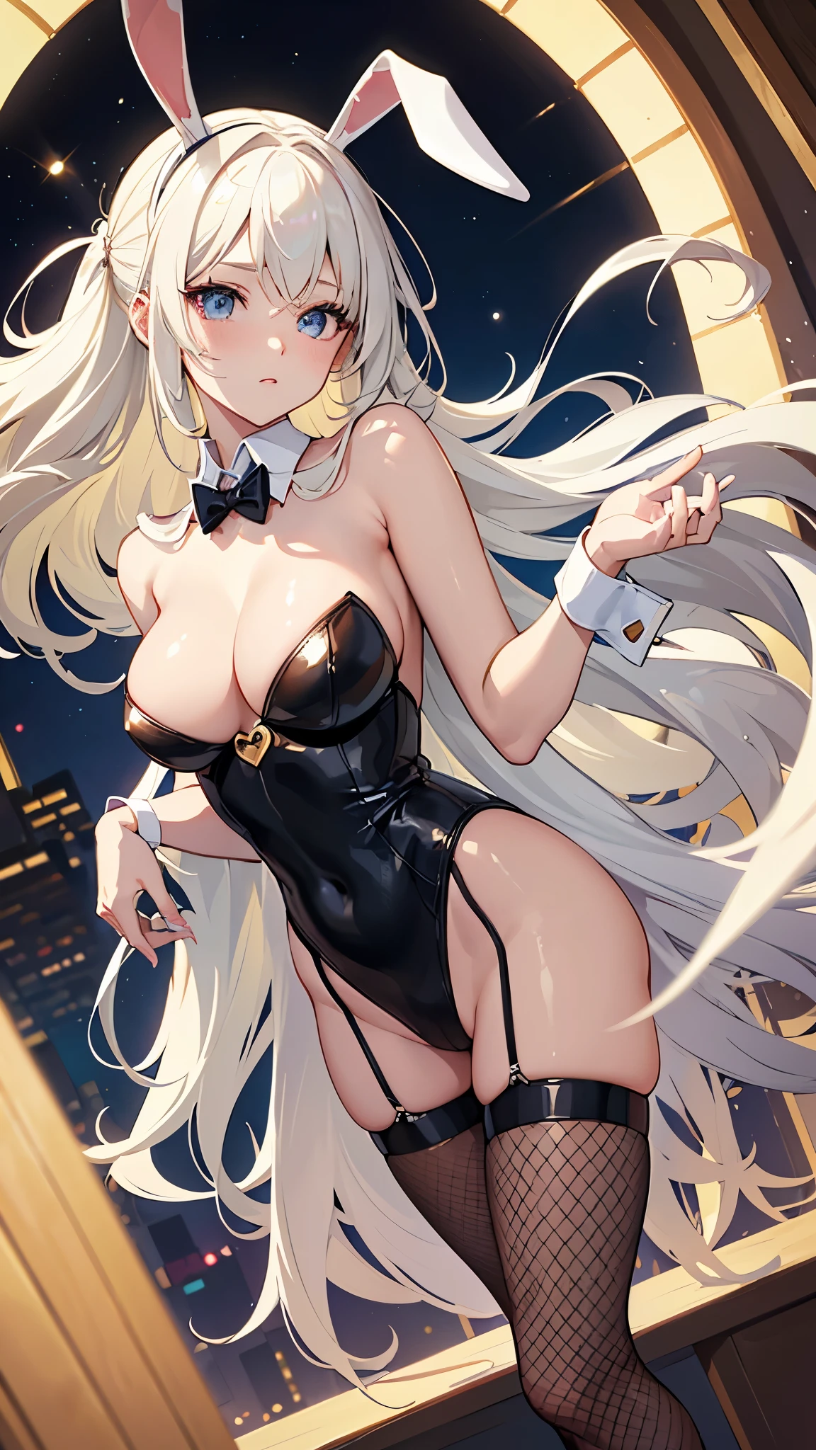 ((Best Quality)), (ultra-detailliert), ((Extremely detailed)), (Beautiful), ((Kawaii Girl)),(two side up hair)、((masutepiece)), ((Platinum Blonde Hair)), Long hair, hair between eye, Wavy Hair, Long sideburns, Jade-colored eyes, White skin, Colossal tits、(Rabbit ears), Slender body, ((Black Playboy bunny)), Fishnet tights, High heels , ((Casino)), Standing, One Woman, Anime