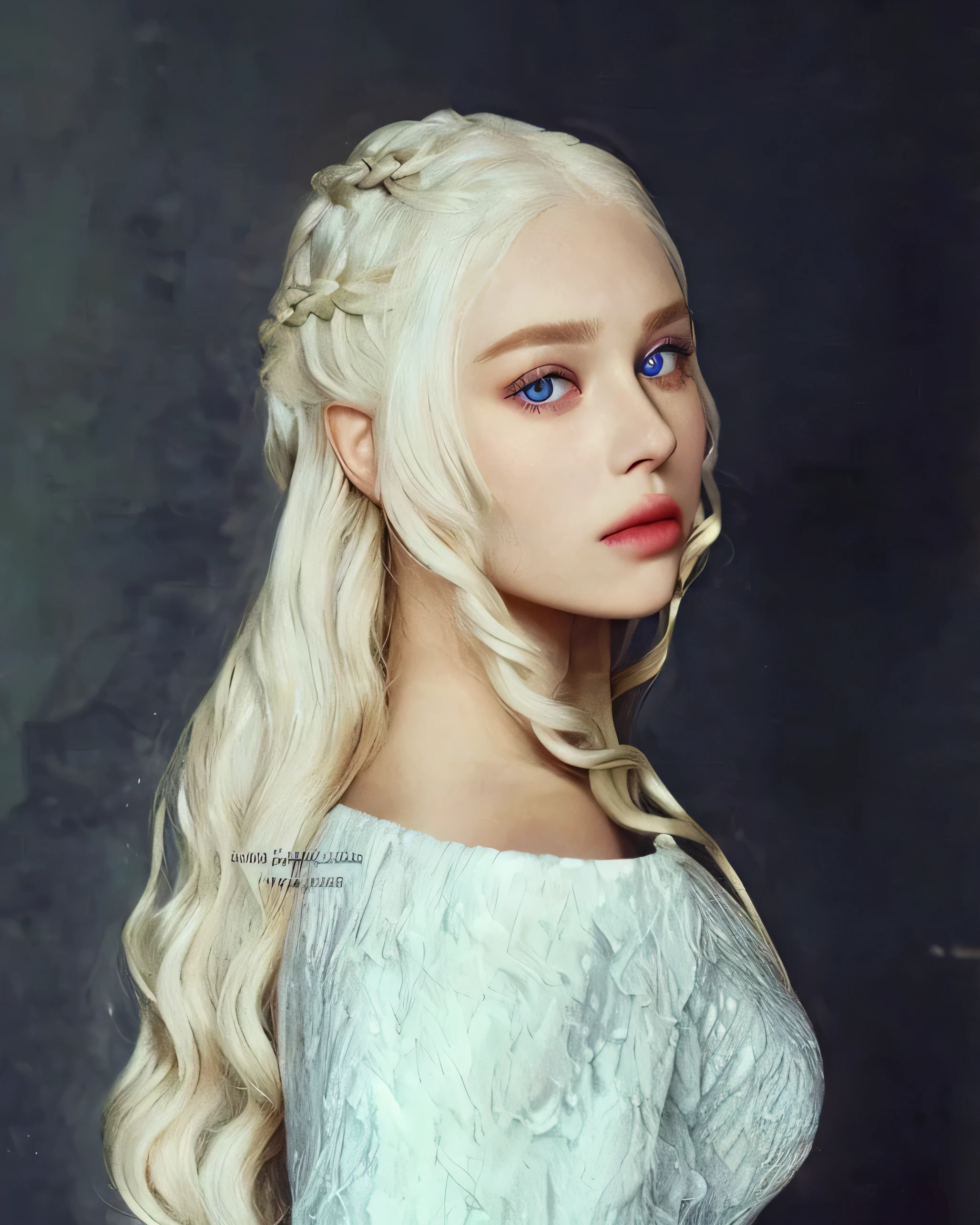 Golden silver hair, long, Pale skin, big violet eyes, full lips