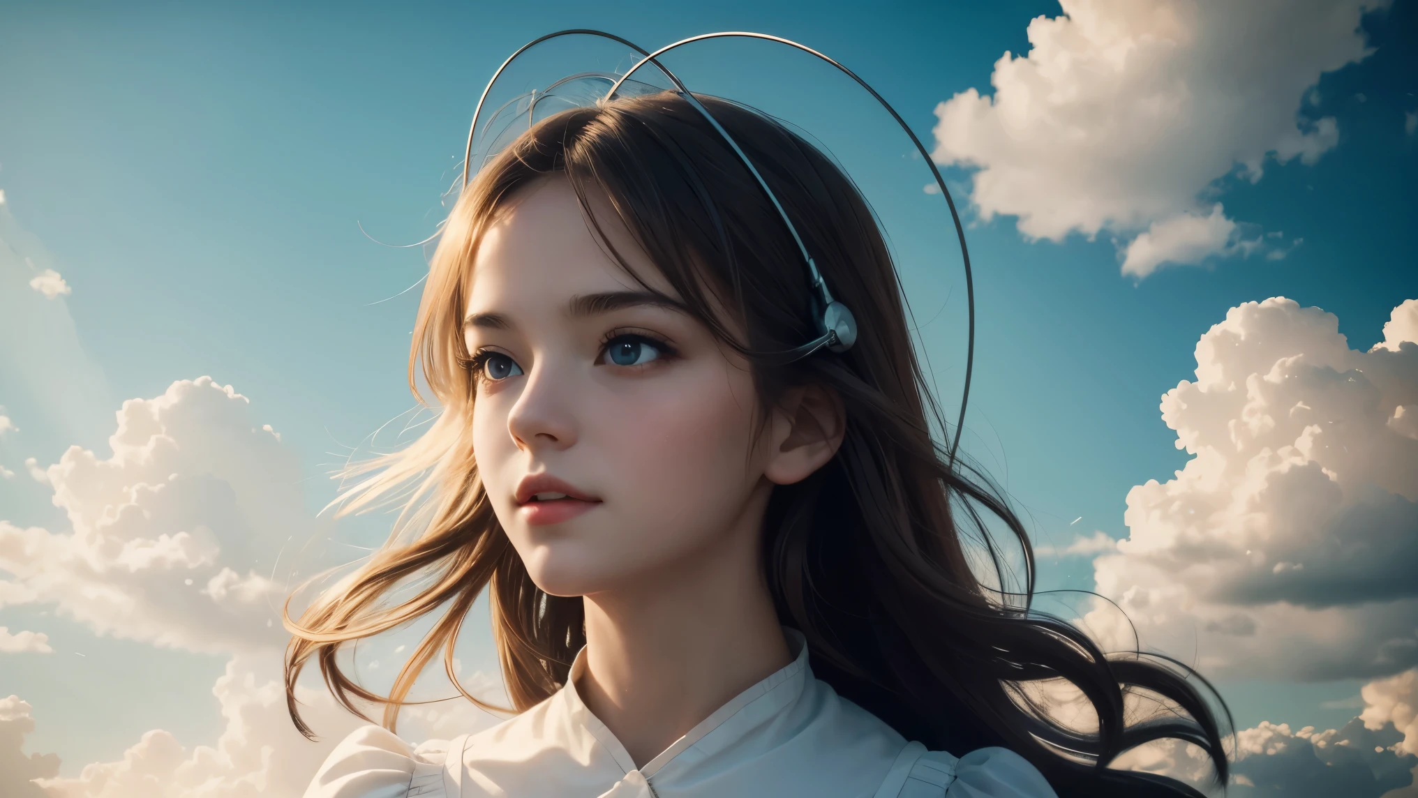 masterpiece, best quality, Stills, 1 Girl, Floating in the air, cloud girl, cloud, (close up:1.1), bright, Happy, pleasure, Soft lighting, (Bauhaus, shape, Wire, Abstract,