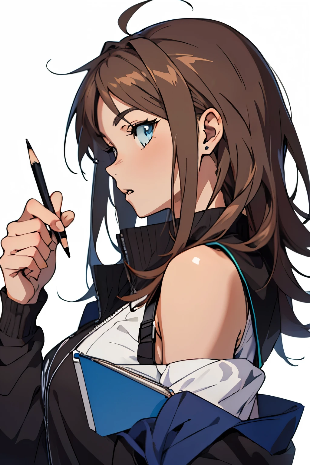 ((anime style)), (girl 20 years old), (Brown hair), (shoulder-length hair), (Blue eyes), (half-side view), (waist type), (notepad and pencil in hand), (White background), (HD quality)