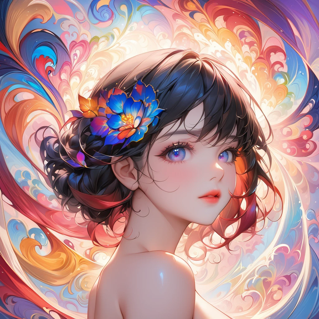 masterpiece,Highest quality,Highest quality,Official Art,beautifully、aesthetic,(One girl:1.2),Very detailed,(Fractal Art:1.1),Completely naked、Nipples are visible、Upper body close-up、beautiful、face、pupil、colorful、Abstract