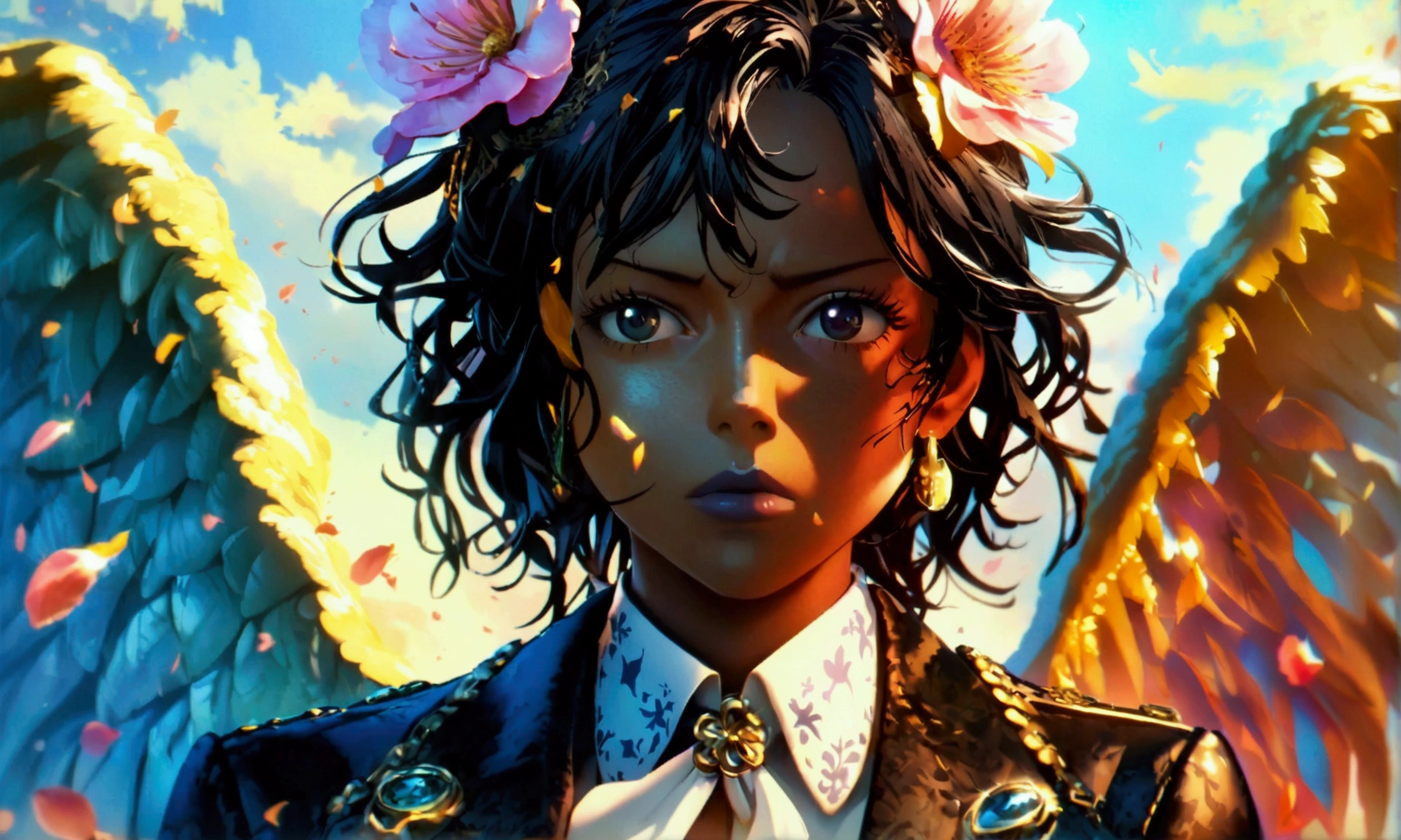 Female, black skin, black eyes, large black wings on the back, wearing a stylish blazer, serious expression, bright moon scenery, "Anime character design inspired by One Piece, full of dramatic and impressive lighting, focus on the centralized character, impressive face, full of creative details, 4K ultra-fine design, scenery bathed in creativity, boasting 2D anime resolution clarity, HD anime graphics, high-octane rendering"
