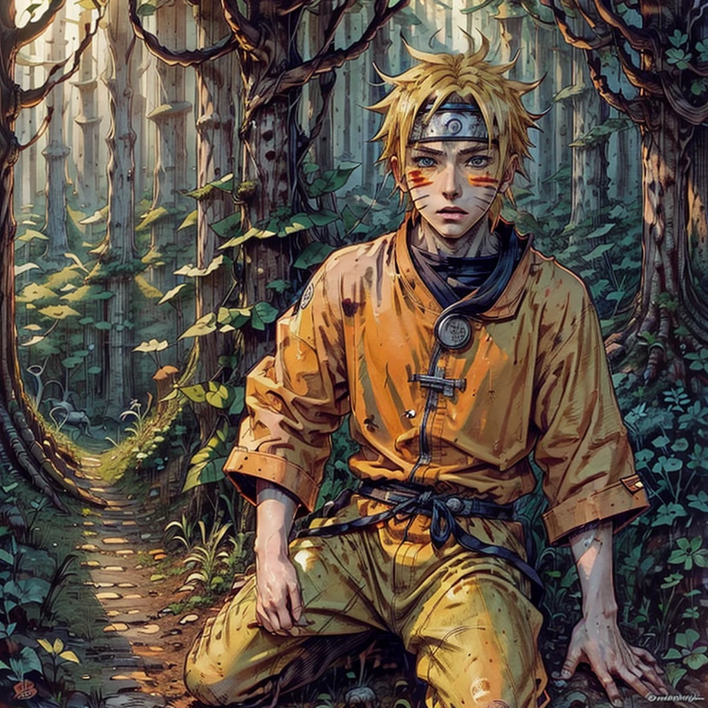  naruto, Blonde haired boy, in orange clothing with three stripes on each side of the cheek in a forest