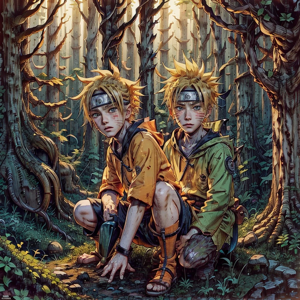 naruto, Blonde haired boy, in orange clothing with three stripes on each side of the cheek in a forest
