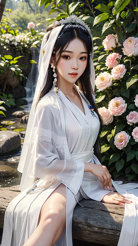 18 year old model [[[[Dissociation in the vicinity]]]], [[[[Big breasts]]]], [[[[shirt collar]]]], [[[[wedding]]]], perfect eyes, perfect iris，perfect lips，perfect teeth，Perfect beautiful skin，Long face，Slender nose，Weak headlights，HDR，leather girl，white clothes，white dresy hair is long and very straight.....，(Long hair and long shawl: 1.5)，Long hair like a waterfall.....，The background is outside.....，Forest Background，（pastel colors：1.2）,((big flower hair accessory))， (A loaf of black bread on the head: 1.3)，(large flower crown: 1.3)