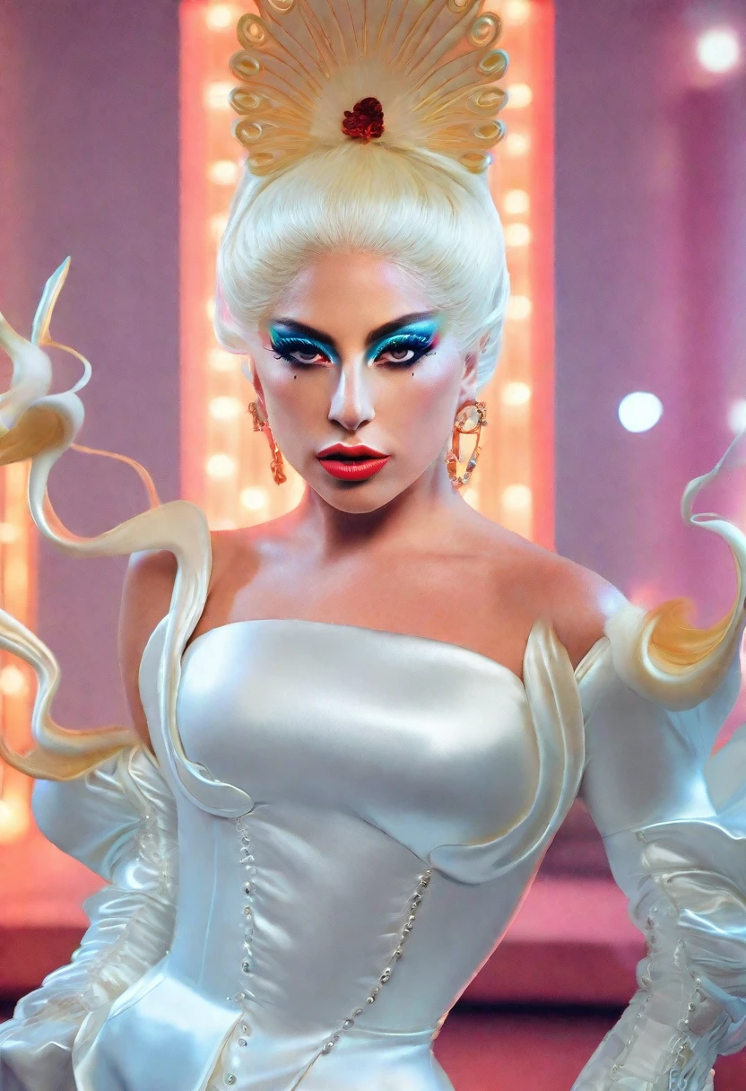 lady gaga in a dress with tie and gloves, ava max, ice queen, inspired by David LaChapelle, inspirado em Adélaïde Victoire Hall, the absurdly beautiful face, drag, drag queen, Beautiful Delfina, best quality, realisitic, realisitic, award-winning illustration, (Highly detailed texture of face and skin), (fully body), (Complicated Detail: 1.2), (fine-details), (Complicated Detail), (Cinematic Lights, luz de fundo de best qualityr), Sharp lines, sharp focus, offcial art, unity wallpaper 8k , absurdrez, unbelievably absurd, huge filesize, mostrando o fully body- , Fantasyart, RTX,((Closing photo of the award-winning studio)), , (Shut your mouth), , perfect hands, Attractive detailed eyes, face perfect