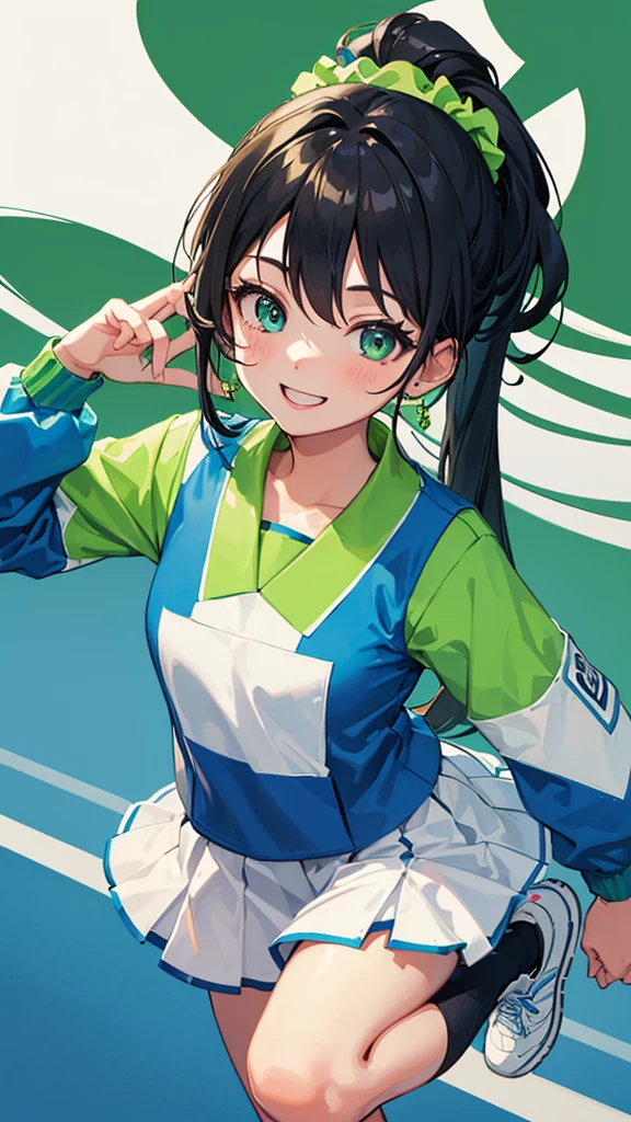 ((Highest quality)),((masterpiece)),A girl with a ponytail wearing a light green soccer uniform smiling at the viewer,Blue Scrunchie,Blue socks,Black Hair,School grounds,evening