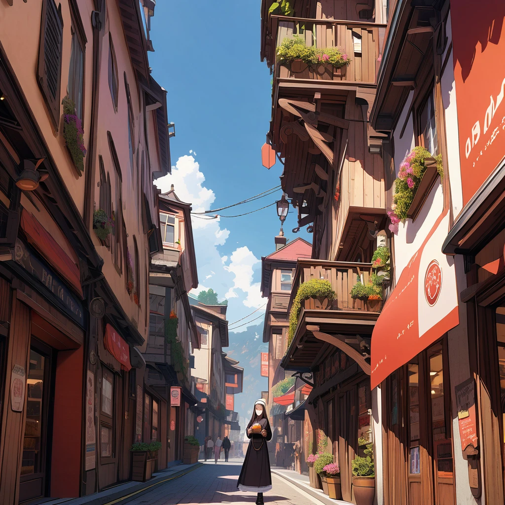 A nun with red mechanical wings eats a burger at a height, scenery, background, detailed background, detailed depiction, 4K, UHD, absurd, ultra high quality, masterpiece,