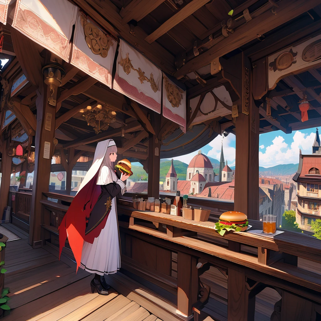 A nun with red mechanical wings eats a burger at a height, scenery, background, detailed background, detailed depiction, 4K, UHD, absurd, ultra high quality, masterpiece,