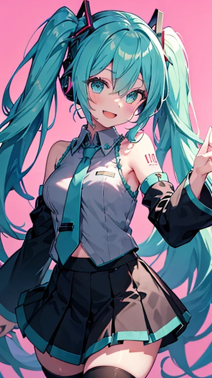 1girl, solo, long hair, looking at viewer, smile, open mouth, bangs, skirt, simple background, shirt, hair ornament, thighhighs, hair between eyes, bare shoulders, twintails, very long hair, blue hair, white shirt, cowboy shot, pleated skirt, detached sleeves, necktie, sleeveless, collared shirt, black thighhighs, miniskirt, black skirt, aqua eyes, zettai ryouiki, sleeveless shirt, aqua hair, headphones, pink background, outstretched arm, grey shirt, red background, headset, blue necktie, outstretched hand, black sleeves, aqua necktie, hatsune miku,small breast,fat thighs