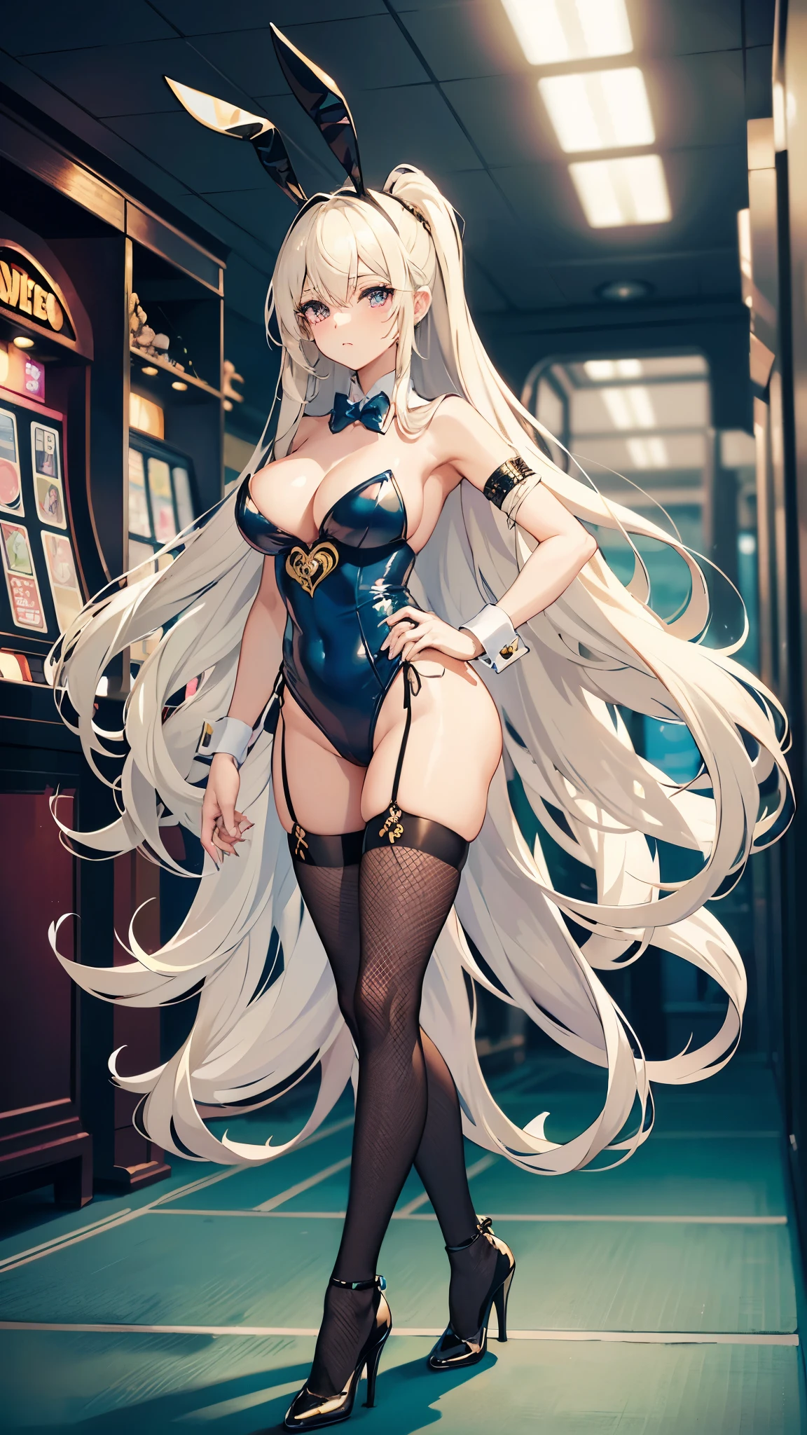 ((Best Quality)), (ultra-detailliert), ((Extremely detailed)), (Beautiful), ((Kawaii Girl)),(two side up hair)、((masutepiece)), ((Platinum Blonde Hair)), Long hair, hair between eye, Wavy Hair, Long sideburns, Jade-colored eyes, White skin, Colossal tits、(Rabbit ears), Slender body, ((Blue Playboy bunny)), Fishnet tights, High heels , ((Casino)), Standing, One Woman, Anime