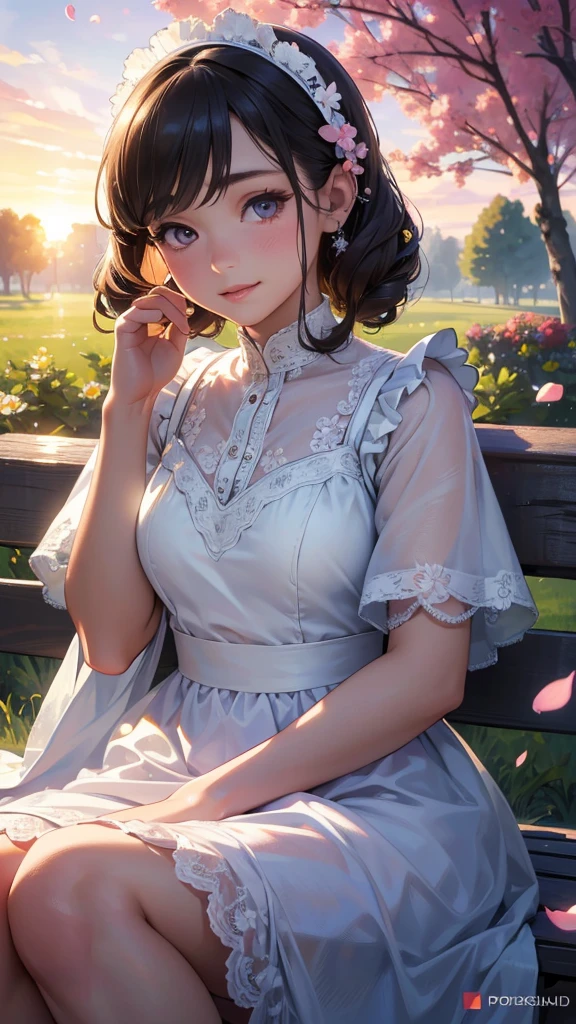 1 maid dress wearing girl,12 years old,smiling,sitting on a park bench,sunset,detailed facial features,beautiful eyes,beautiful lips,extremely detailed face,long eyelashes,intricate maid dress,delicate flower petals in the air,warm lighting,soft focus,photorealistic,highly detailed,(best quality,4k,8k,highres,masterpiece:1.2),ultra-detailed,(realistic,photorealistic,photo-realistic:1.37),studio lighting,vivid colors,professional