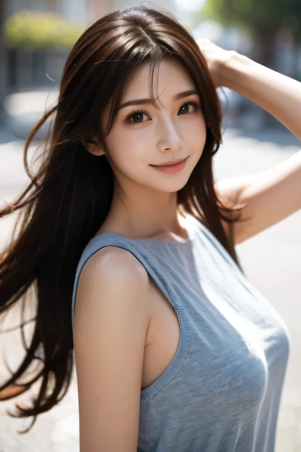 1woman,28yo,Close up,Detailed details,、high resolution、high quality、Perfect dynamic composition、Beautiful detailed eyes、Natural Color Lip、1 persons、Transparent skin、Glowing hair、smiling,masterpiece、Best Quality、finely detail、high resolution、8K、The correct state of the human body、She wears a navy blue long knit dress、randome pose、Gravure Model Pose、Hair soaring in the wind
