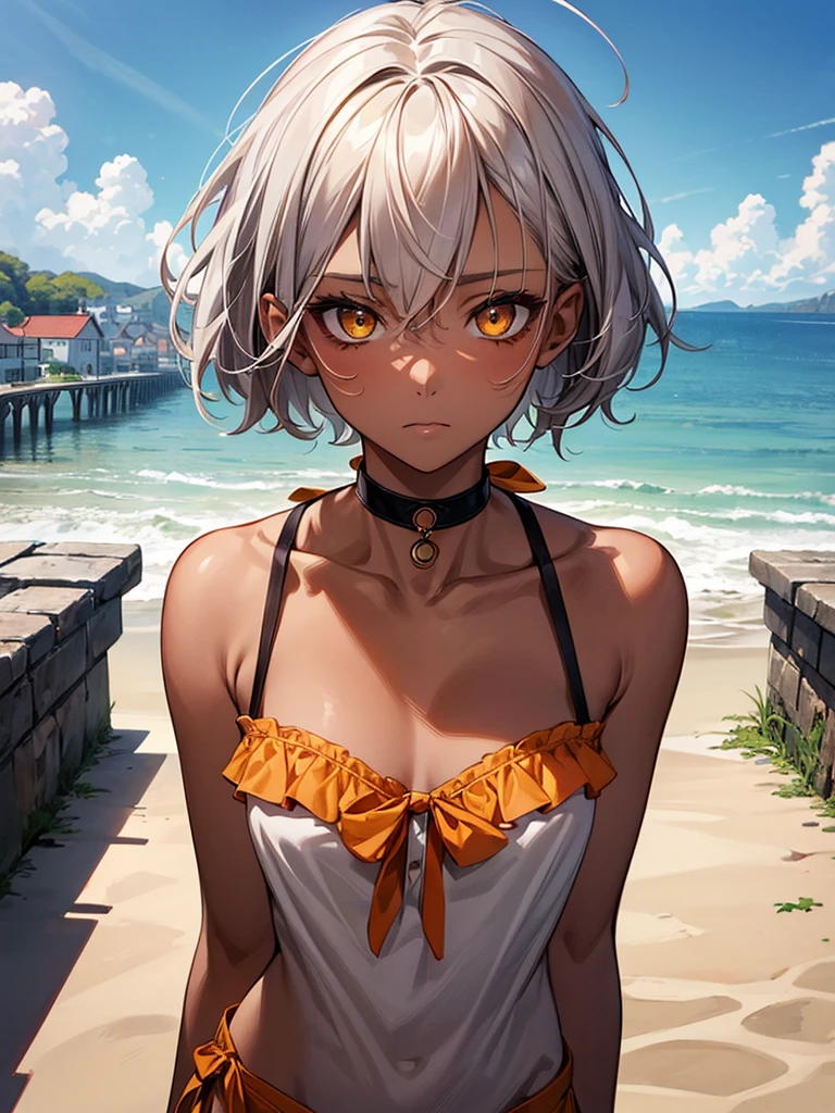 masterpiece, Highest quality, Perfect Face, Highest Resolution, Highest quality,Detailed depiction of the eyes, 8k, 1 girl, young, dark tan skin, slate gray hair, short hair, upturned eyes, Yellow Orange eyes, ribbon choker, Seaside house, relax and enjoy, Perfect Anatomy