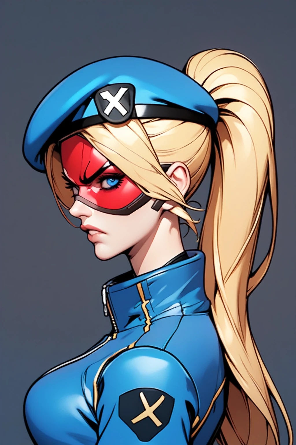 Expressiveh score_9, score_8_up, score_7_up, beautiful aesthetic, very intricate, high quality details, side view, looking at viewer, upper body, face focus, BREAK,
1girl, solo, portrait, femcopblonde hair, ponytail, beret, red goggles, (jacket), angry, BREAK 
small waist, narrow waist, thin