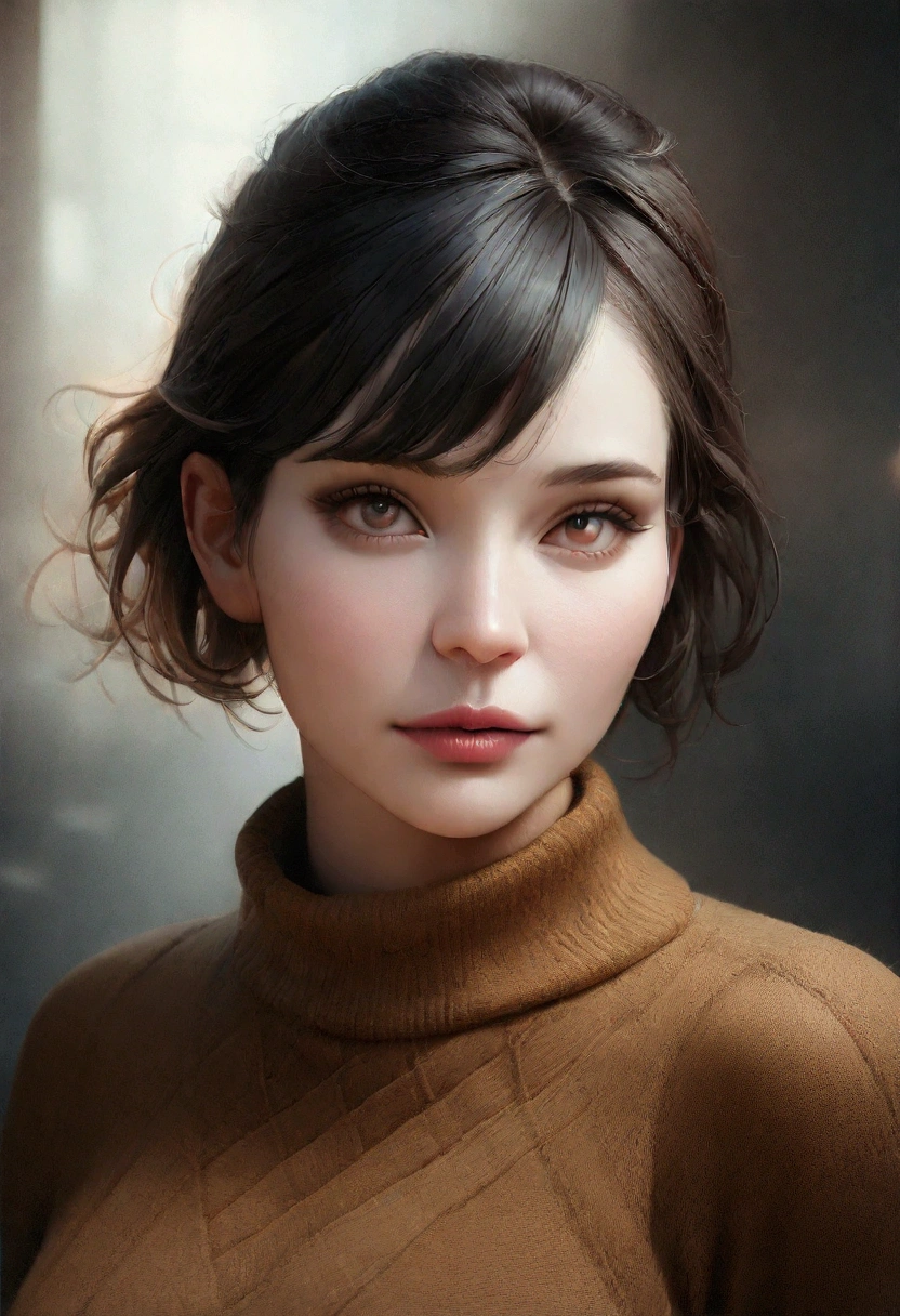 (masterpiece:1.3), (8k, realistic, RAW photos, best quality: 1.4), (1 woman), beautiful face, (realistic face), (black hair, Short hair:1.3), beautiful hairstyle, realistic eyes, beautiful and delicate eyes, (realistic skin), beautiful skin, (sweater), absurd, attractive, ultra high resolution, extremely realistic, very detailed, golden ratio