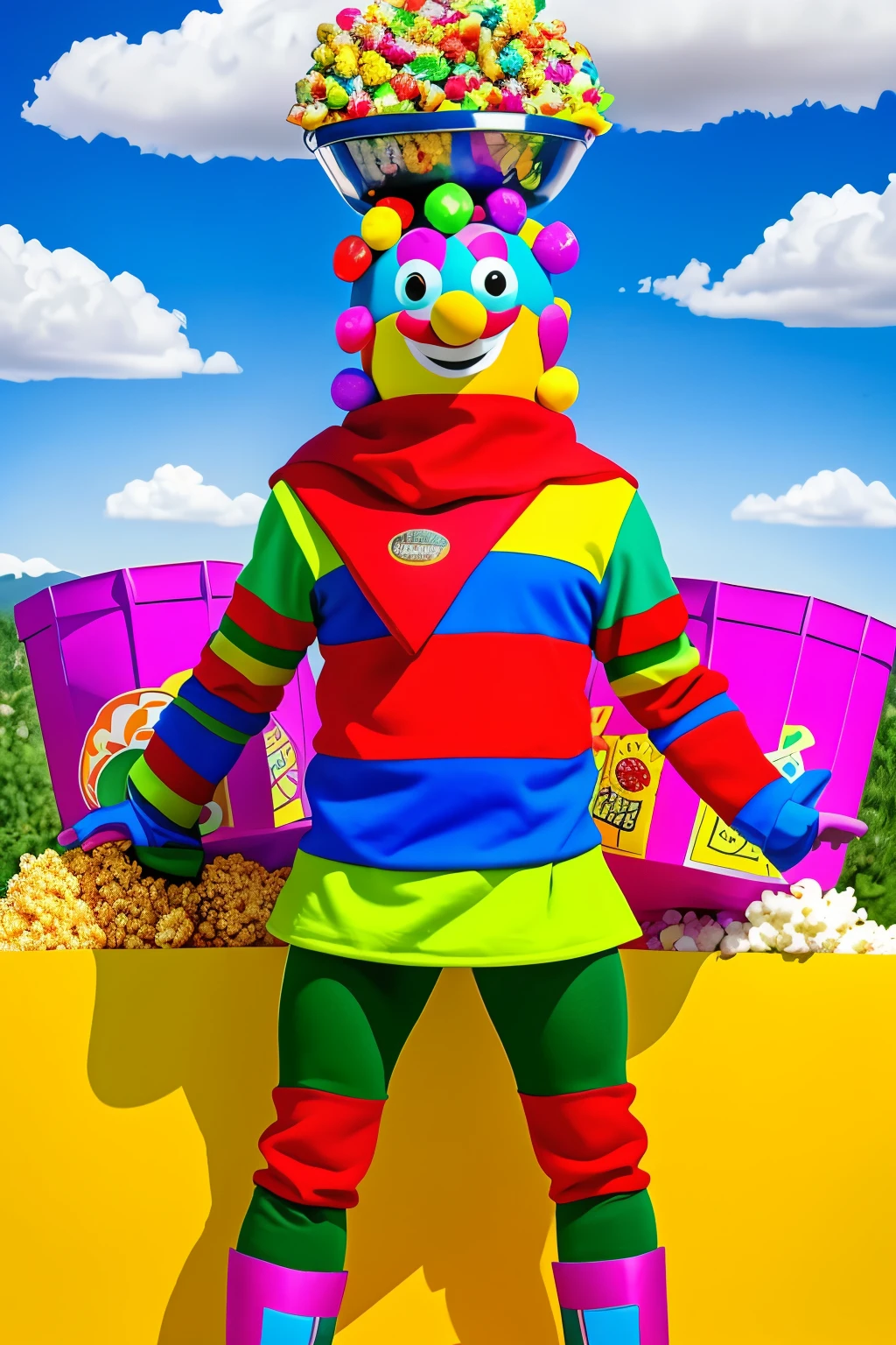 This hilarious character, embodying good humor and laughter, is a manwarrior metamorphosed into a towering mountain of snacks. He dons a helmet resembling a popcorn box, while his torso is encased in a kaleidoscope of multicolored candies. His legs, as sturdy as any warrior's, are crafted from crispy chipsters, ensuring no crunch goes unheard. Surrounded by an appropriate cartoonish environment, complete with rainbow-colored vending machines and overflowing snack barrels, this slim-waisted manwarrior remains fully dressed in his snack armor, ready to bring a smile to anyone's