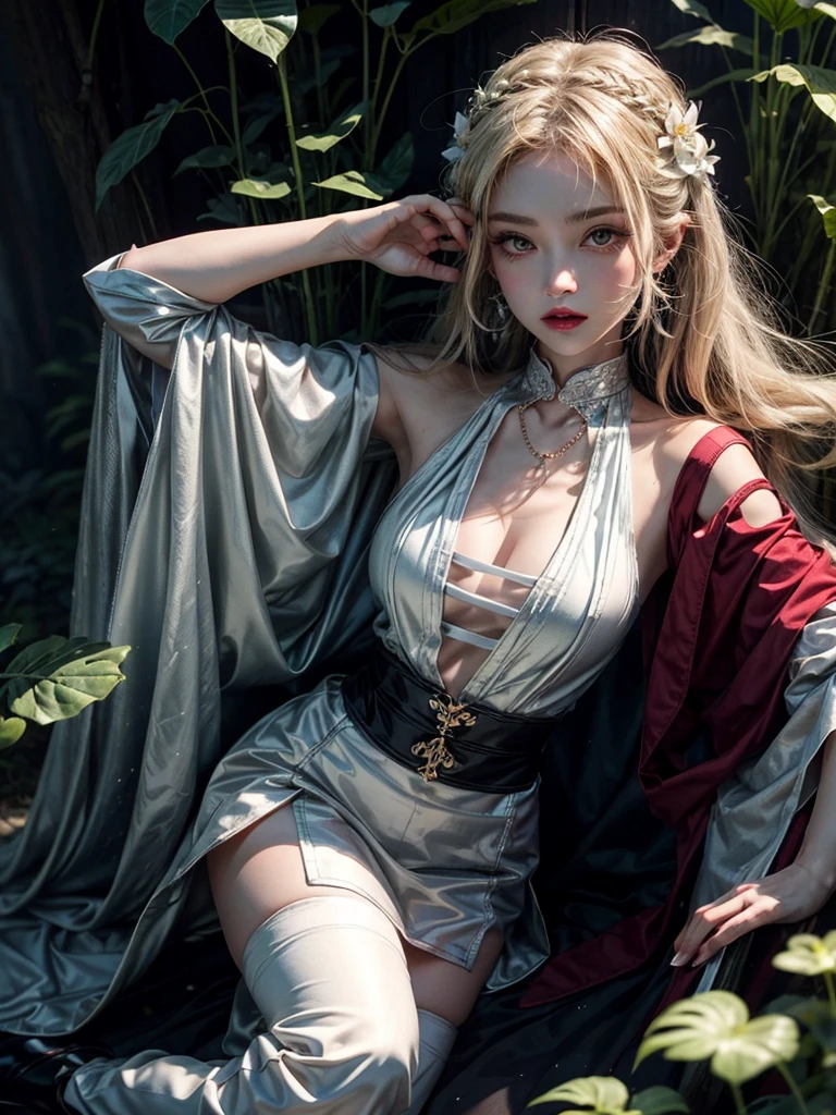 detailed beautiful face and eyes, rouge at the outer corner of the eye, lipstick, 1 girl ,white hanfu,(((fullbody,looking at viewer))),(zettai_ryoiki),blonde wavy long hair precious hair ornament,glowing flowers creeping up neck, ear piercing with chain, e-cup chests,slender body,collarbone, close shot, oil painting,