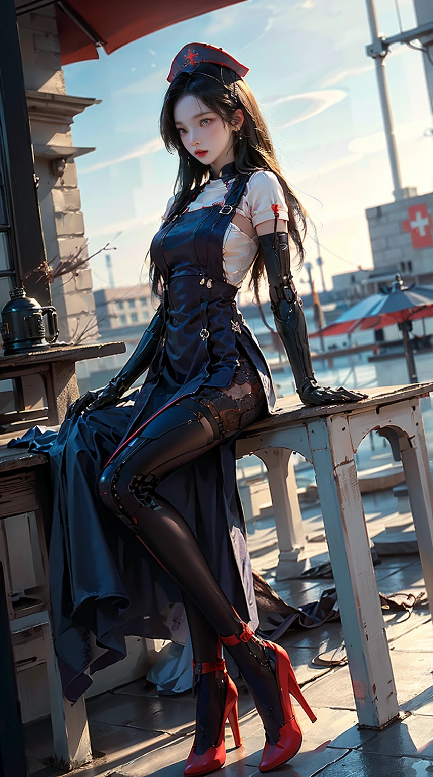 masterpiece, best quality, high resolution, One Woman, from below, (매우 얇고 straight legs),(매우 long legs, straight legs), high heel, long legs, 정면에서 보면 long legs, perfect body, with perfect legs, (Exterior),Telegraph slang,dynamic pose,Exquisite eyes,brown eyes,eye shadow,to put on make up,long blonde hair, detailed face, detailed eyes, looking at viewer, blusher\(to put on make up\), plump lips, red lip,(long gray hair:1.3), (stand on all fours)Mechanically static,Summon Mech,(headdress:1.1),headgear,((((dressed like a nurse)))),(black lace stockings,stocking suspenders),city,Luminous winding,With a gun in my hand,weapon,,Completely mechanical and futuristic elements,technology,The background is downtown New York,distance, sky sky, ,1(slim:1.2),dramatic lighting,vivid details,