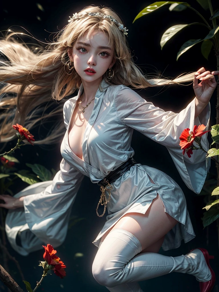 detailed beautiful face and eyes, rouge at the outer corner of the eye, lipstick, 1 girl ,white hanfu,(((fullbody,looking at viewer))),(zettai_ryoiki),blonde wavy long hair precious hair ornament,glowing flowers creeping up neck, ear piercing with chain, e-cup chests,slender body,collarbone, close shot, oil painting,