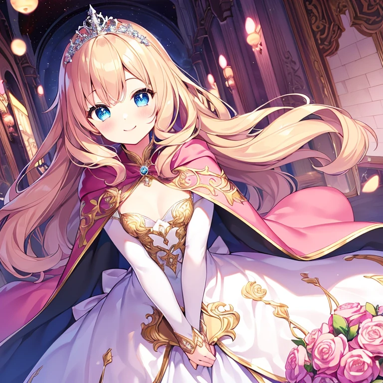 (best quality),(rococo style),(long train pastel pink cape:1.15), very long cape,(long train white ball gown with flower decorations:1.1), a girl is wearing a cape over her gown, 1 little princess, tiara, smile, very long hair, small breasts, looking at viewer