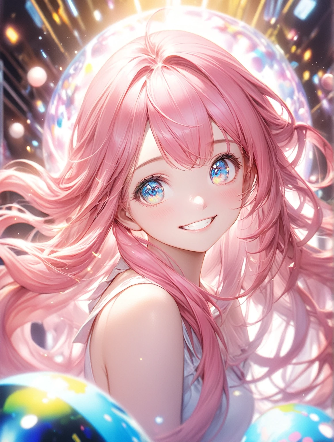 (Highest quality,8k,32K,masterpiece,Ultra-high resolution :1.2 ),born,One girl,Super cute,Natural light,Clear, shining eyes,20-year-old,Fair skin,An innocent smile,Electronic world fantasy background,Grin,Pink Hair，Long Hair