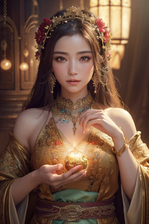 A woman in literature wears a pink Thai dress, a chada, holds a shining crystal ball, has a serious expression, and stands like a beauty queen.