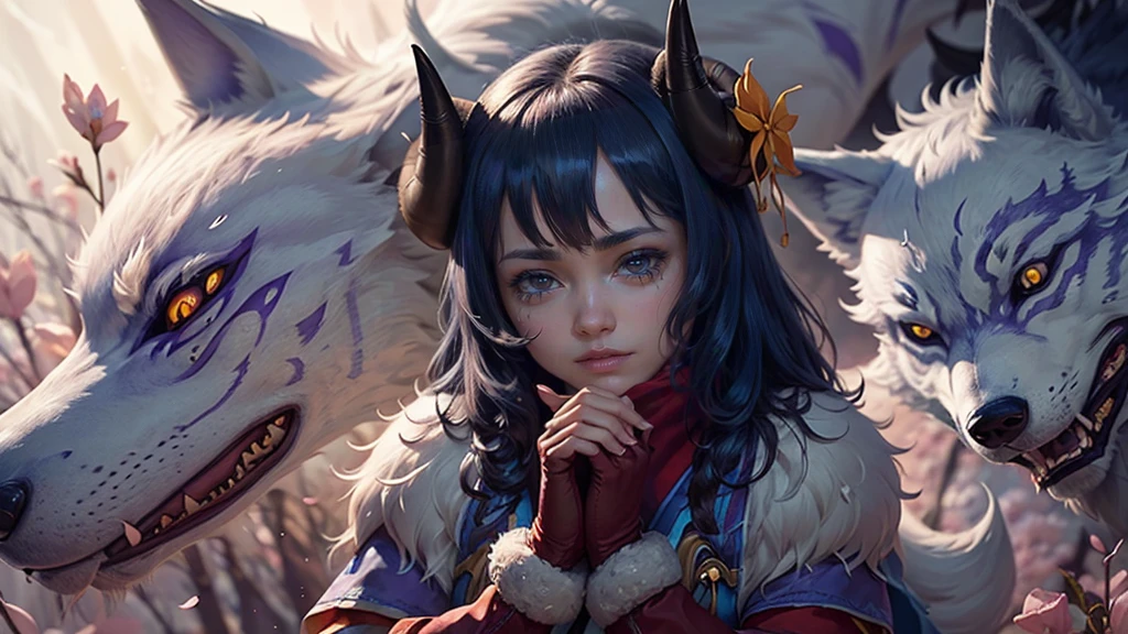 ((best quality)), ((masterpiece)), (detailed)) perfect face highest quality, shiny night sky, ink:1.3,masterpiece,1girl,solo, blue hair, freckles, horns, standing, cherry blossom, (wolf:1.2), falling petals, light smile, closed mouth, 2 white wolves are with her, she embraces one of them, she wears red gloves