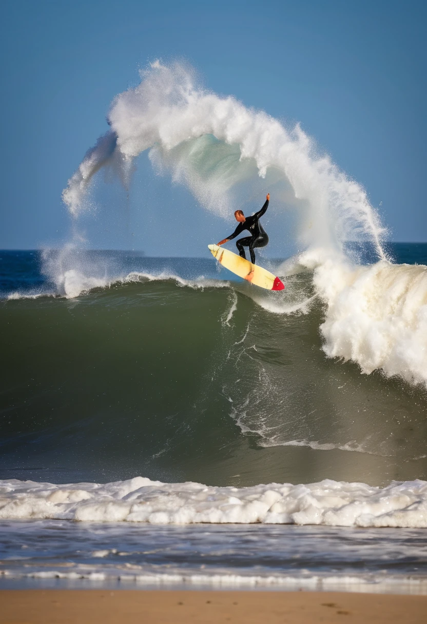 Sand sculpture style,  Surfer conquers huge wave during storm, Splashing water，Bubbles billowing in the air