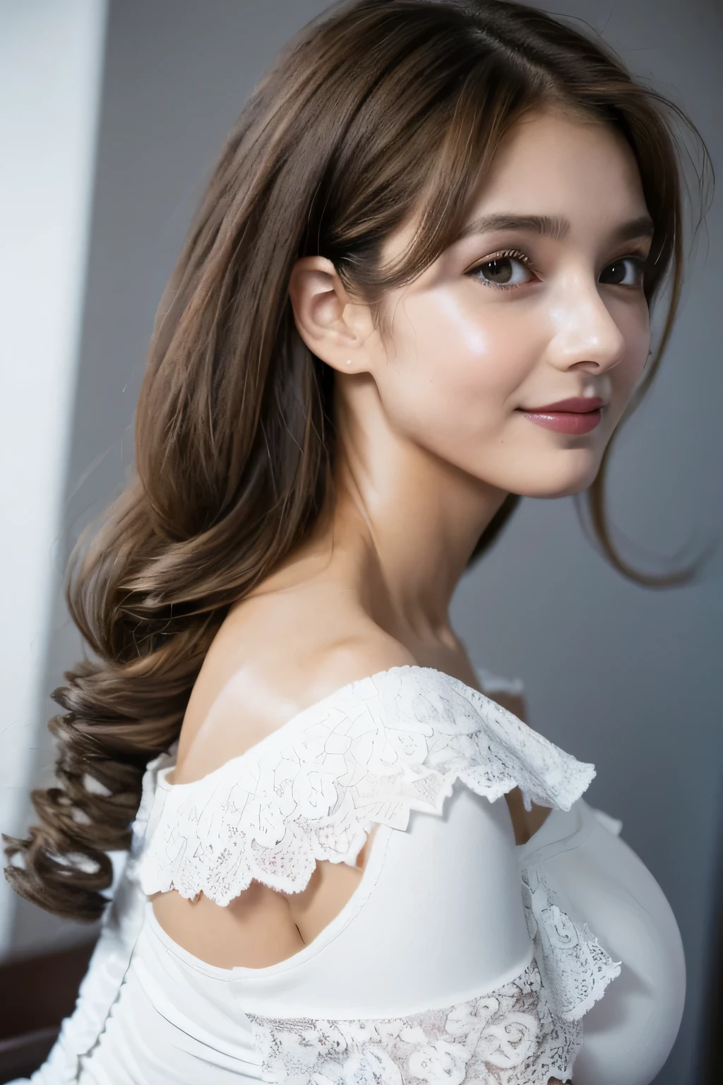 ((Highest quality, 8k, masterpiece: 1.3)), sharp: 1.2, Perfect Body Beauty: 1.6, ((Layered Hairstyles, Big Breasts: 2.0)), (white and long legs: 2.0), (white lace dress: 2.0, Off-the-shoulder dress: 2.0, A dress that exposes the breasts: 2.0), ((long hair: 2.0)), ((necklace)), Earrings, ring, Bracelet, Hair Accessories, ((Beautiful young teenager woman)), ((Straight nose)), (Eyeliner), Armpit Hair, Bristles, ((White and beautiful skin)), Wavy Hair, Beautiful attention to detail, Super detailed, Highly detailed face and skin texture, fine grain, double eyelid, Black Hair, Big Ass, Lower Body, Thighs, (((Skinny))), Wet and shiny lips, smile, Get a grip on your body, ((Anatomically correct human body)), ((Crisp body shape)), Ribs, clavicle, Protruding skeleton, A face without nasolabial folds, Shyness, Thin eyebrows, Big eyes, (shoot from side: 1.0), (Narrow shoulders: 2.0), (Smile: 1.0)