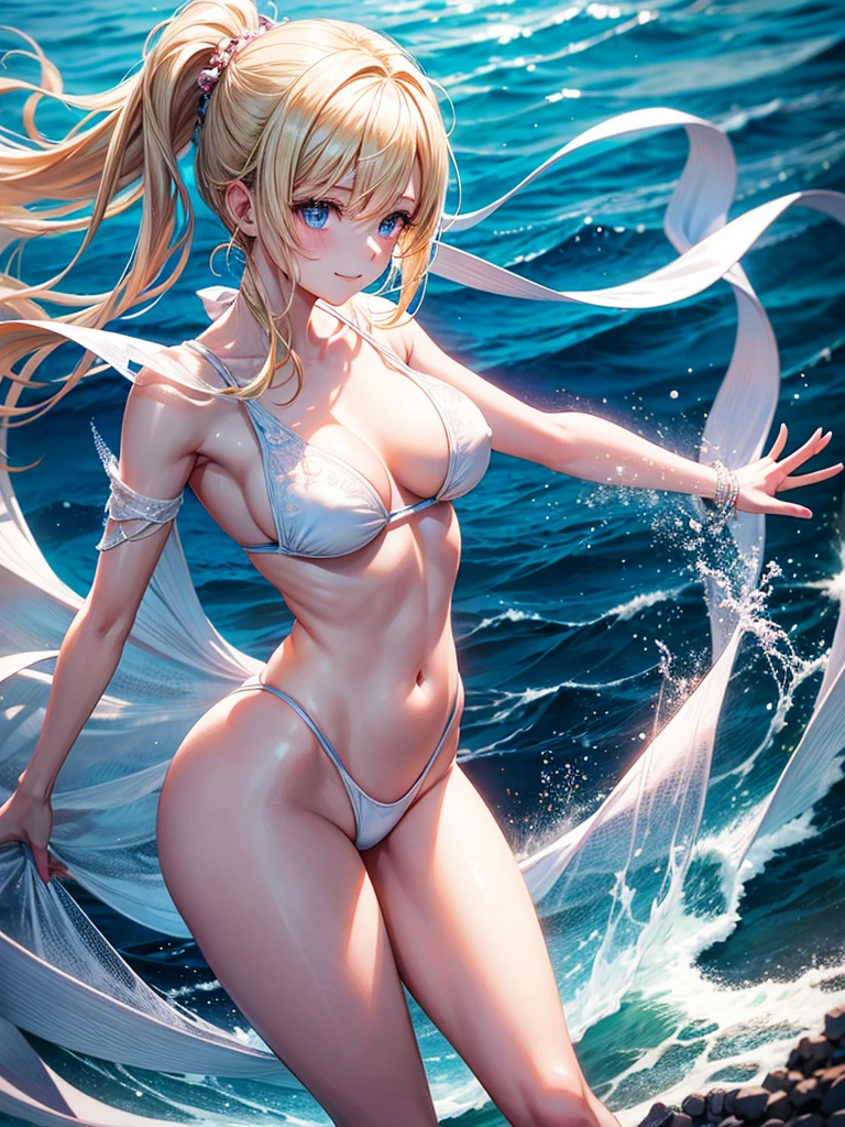 Anime style, super fine illustration, highly detailed, beautiful detailed, pale tone image, super delicate illustration, simple & static image, secy posing Portrait, static representation, gentle expression, 8k, angle from behind, pretty 1girl with blonde straight short hair & blue eyes & a bright smile & Big breasts & wide hips & pink nipples & soft fair skin is wearing the swimsuit on the beach of caribbean sea, brilliant particles of lights, romantic stories, solo, perfect 5fingers, perfect arms, perfect legs, masterpiece.