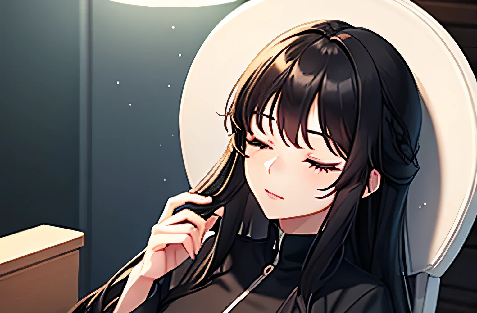 Highest quality,One Woman,Long black hair,Sitting in a chair,Getting a head spa,The eyes are particularly high quality.,Eyes closed