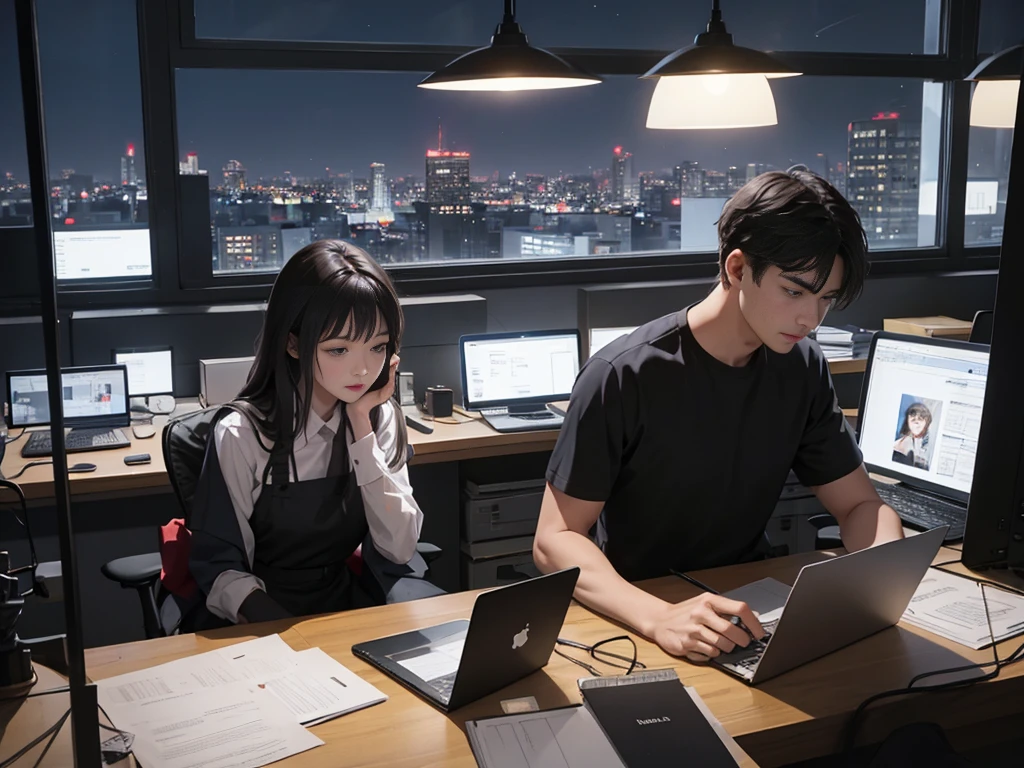 Modern workplace, people working at night