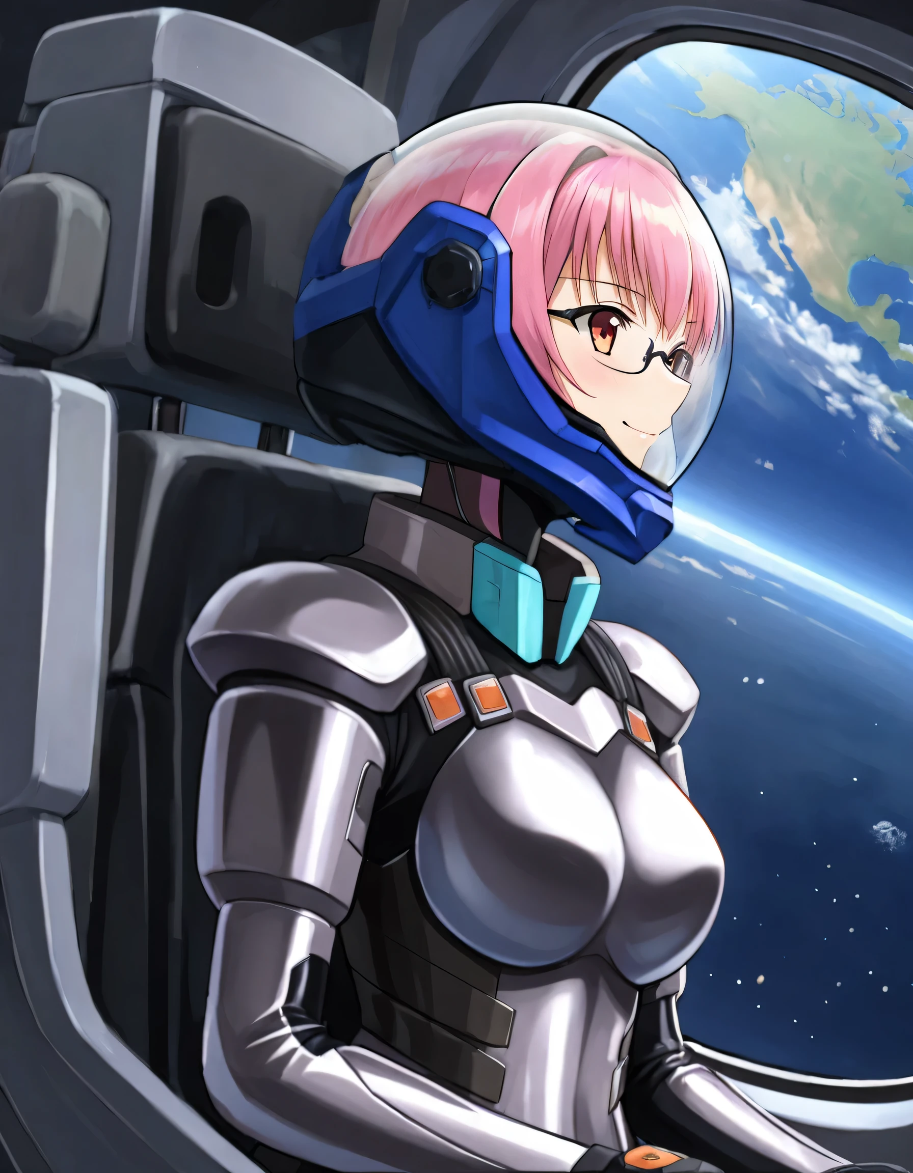 ((Female pilot in the cockpit of a reconnaissance plane), (airplane cockpit), (in flight), (10000 feet altitude)、(sky view):1.7),, short hair, street, emo, PINK hair, white eyes, eyeliner, apocalypse, girl, nside the (cockpit:1.9) of a (futuristic spaceship:1.6), , blush,sitting on a chair, covered navel, space helmet, muvluv, space helm, plug suit , space helmet, eva helm, space suit, short hair, from side, SMILE, GLASSES, FULL BODY