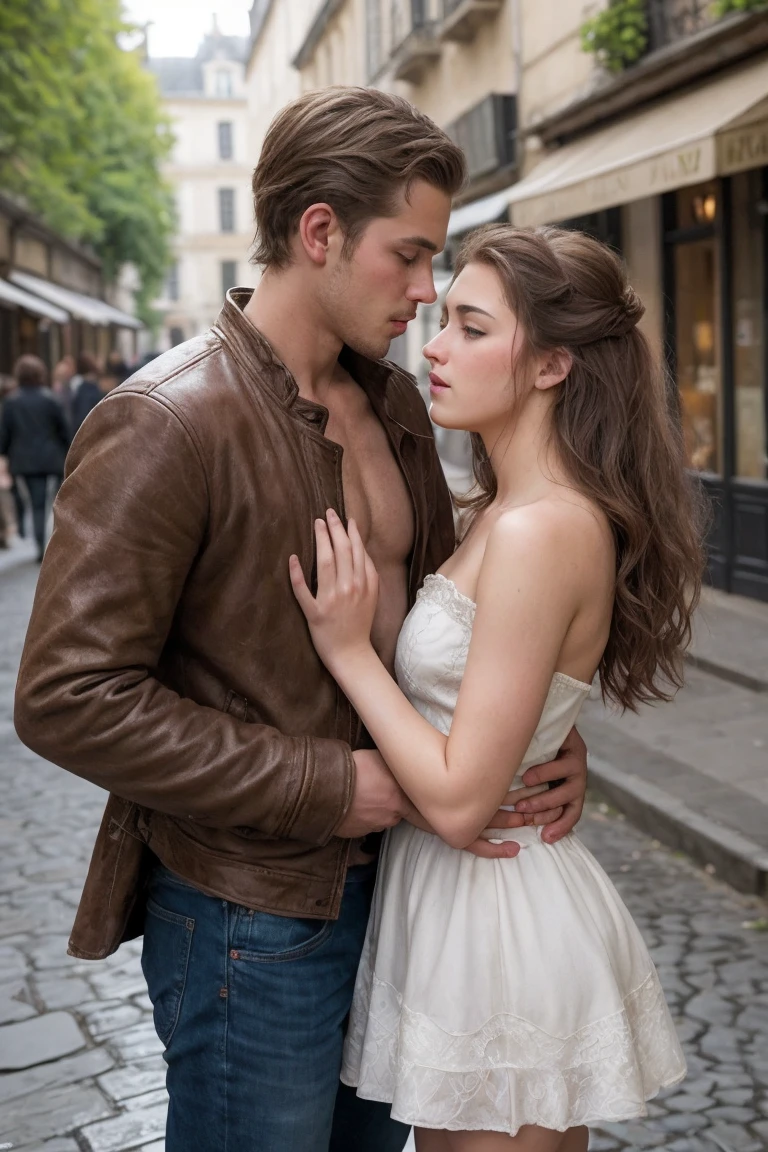 PAUSE image brute , photographie réaliste , beaux hommes , belle romance féminine, rue
